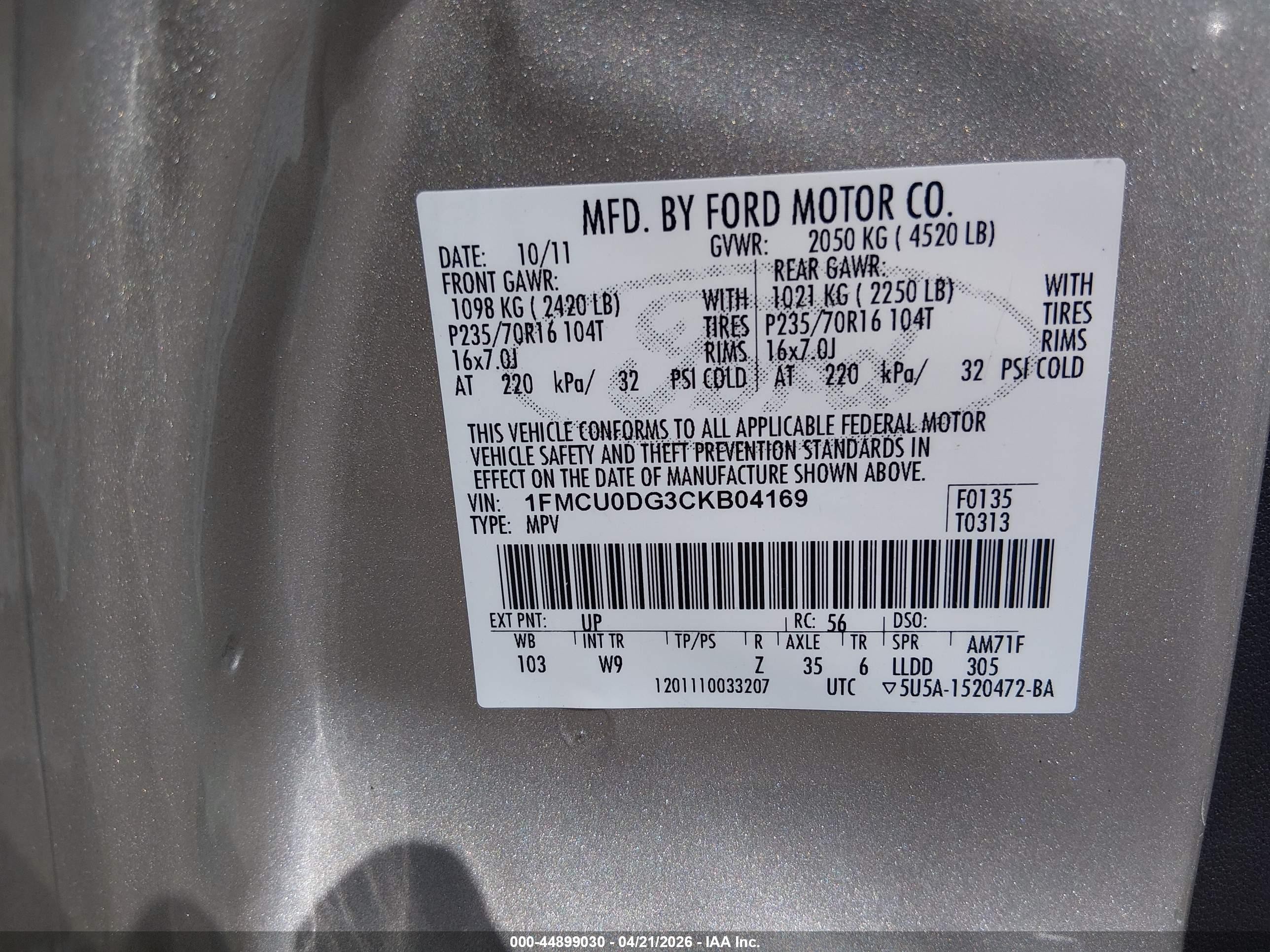 2012 Ford Escape Xlt Beige vin: 1FMCU0DG3CKB04169