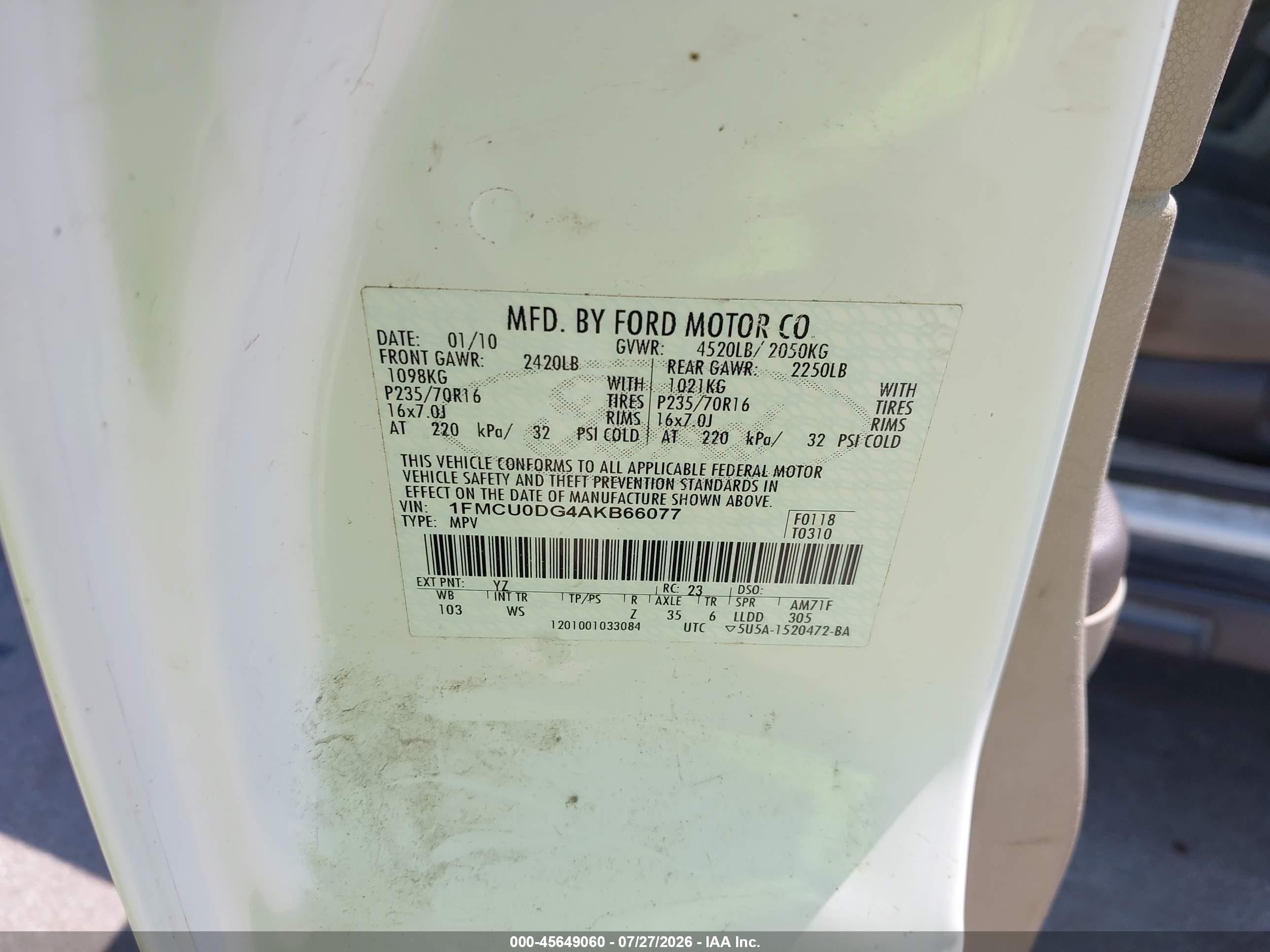 2010 Ford Escape Xlt White vin: 1FMCU0DG4AKB66077