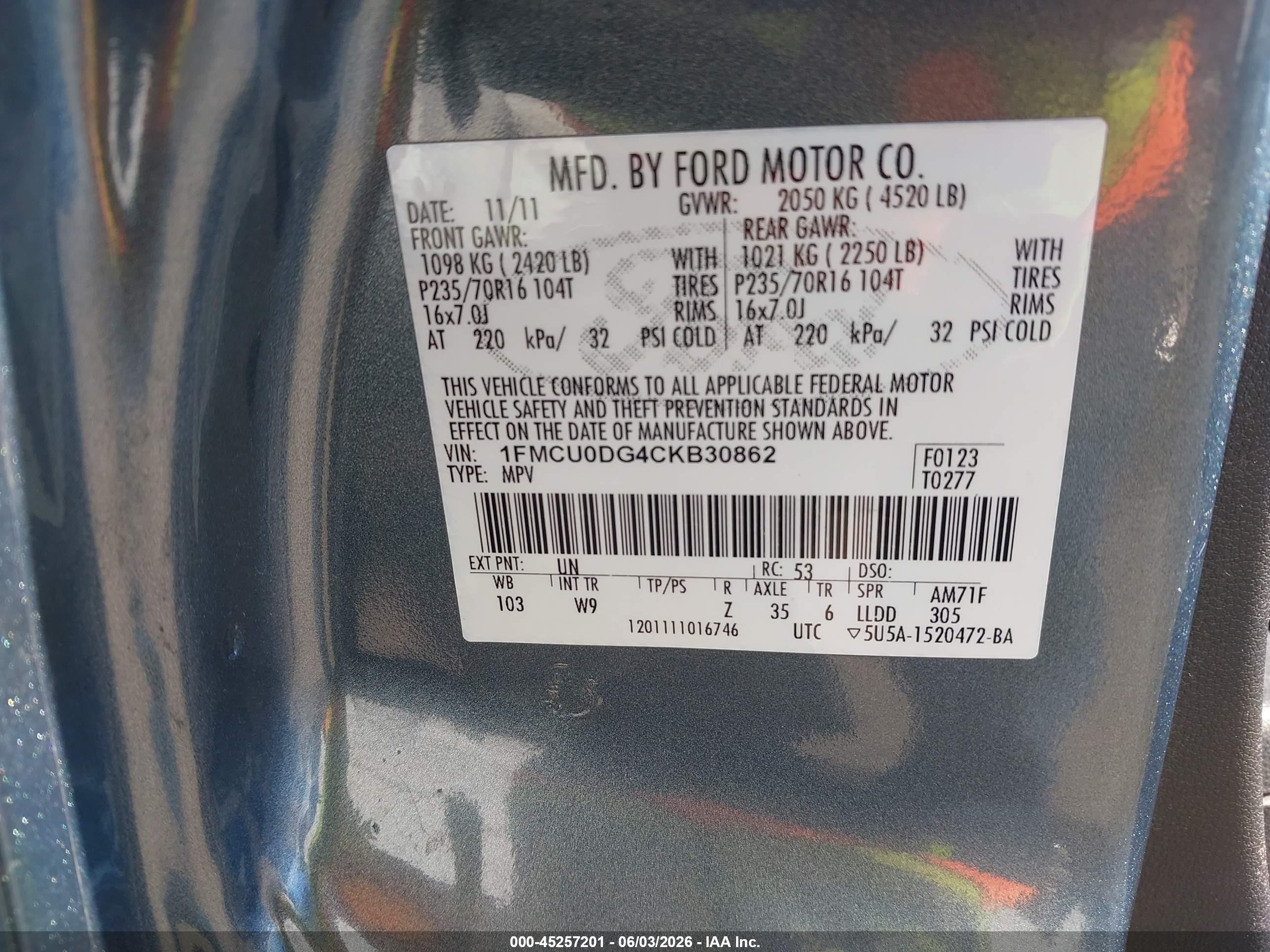 2012 Ford Escape Xlt Light Blue vin: 1FMCU0DG4CKB30862