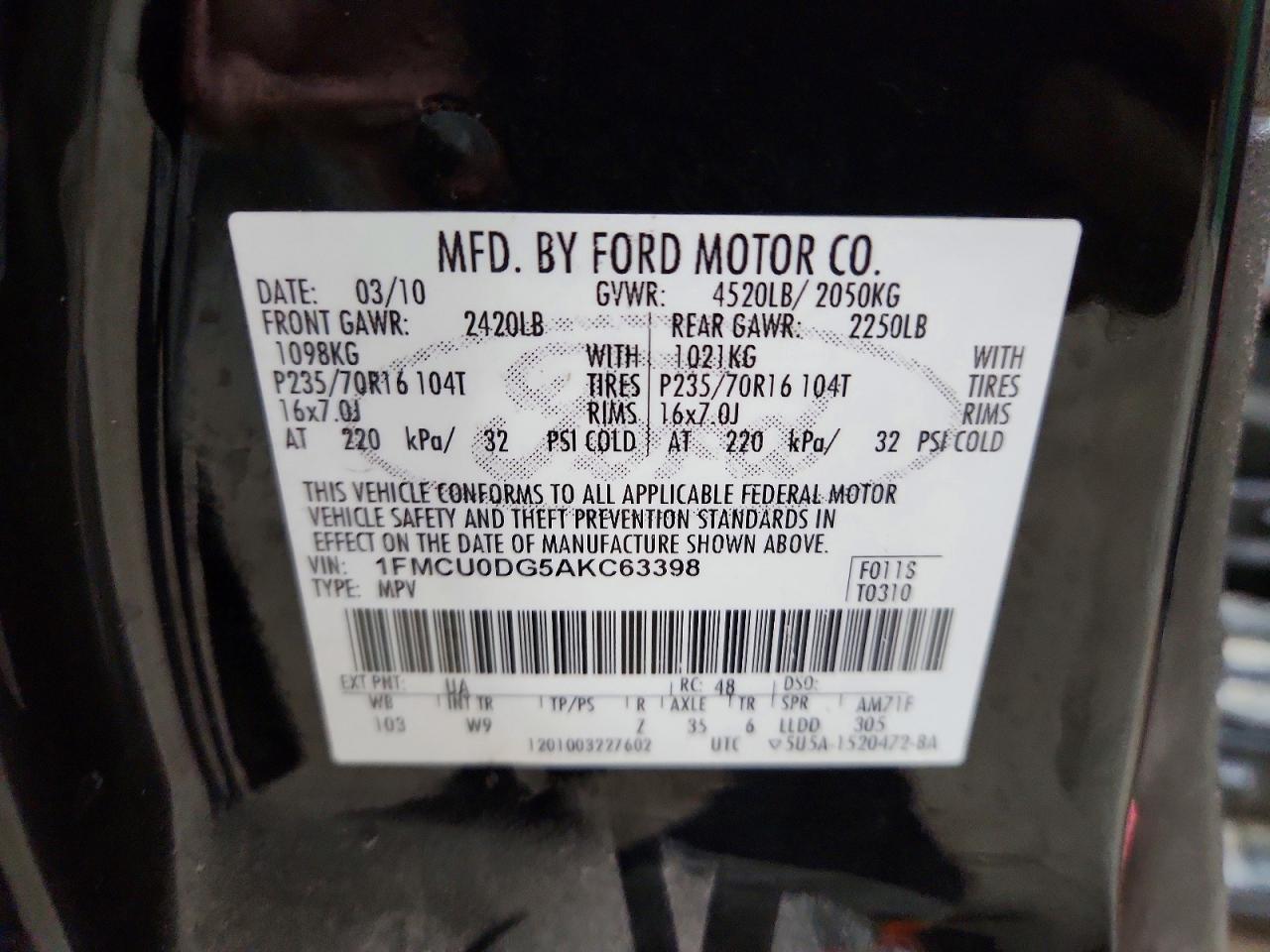 2010 Ford Escape Xlt Black vin: 1FMCU0DG5AKC63398