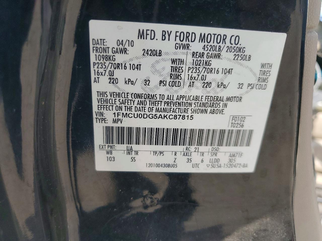 2010 Ford Escape Xlt Black vin: 1FMCU0DG5AKC87815