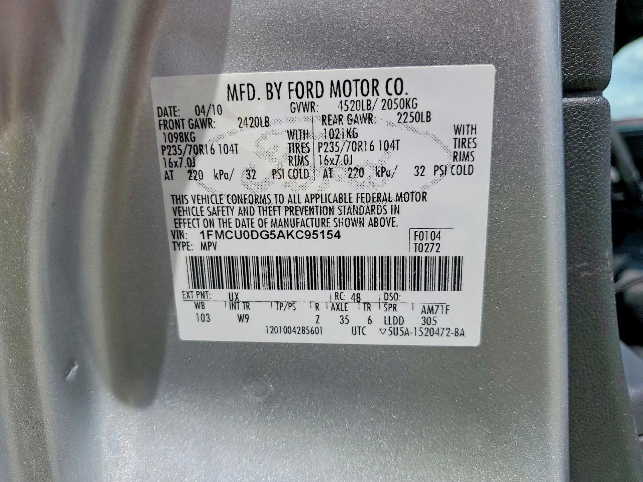 2010 Ford Escape Xlt Silver vin: 1FMCU0DG5AKC95154