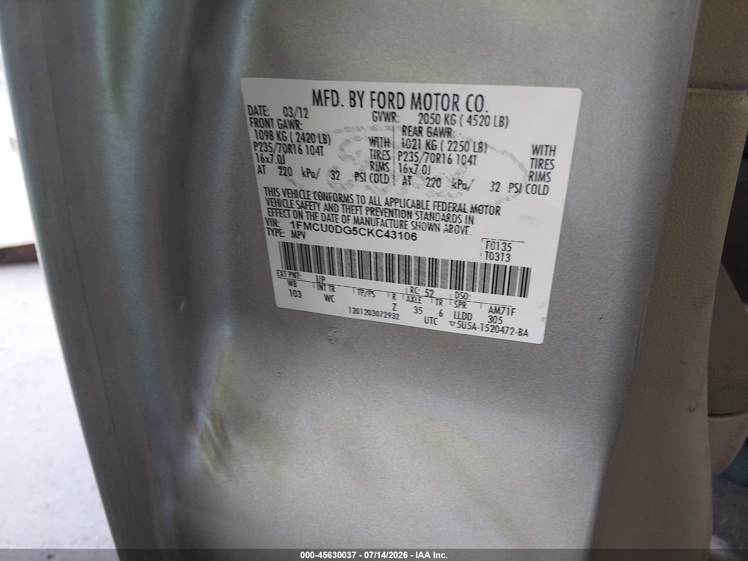 2012 Ford Escape Xlt Бежевый vin: 1FMCU0DG5CKC43106