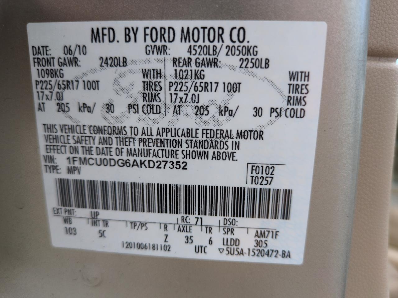 2010 Ford Escape Xlt Tan vin: 1FMCU0DG6AKD27352