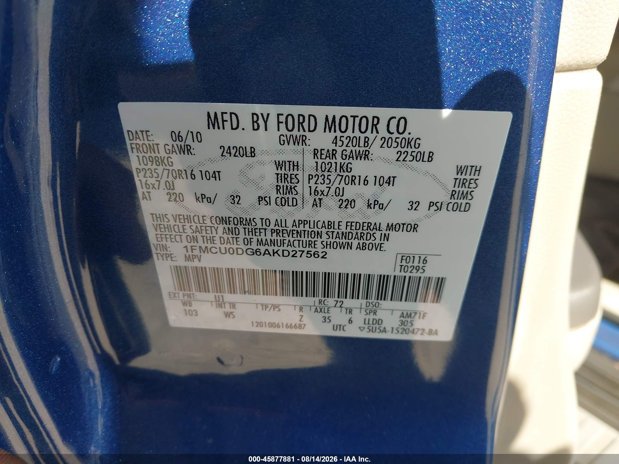 2010 Ford Escape Xlt Blue vin: 1FMCU0DG6AKD27562
