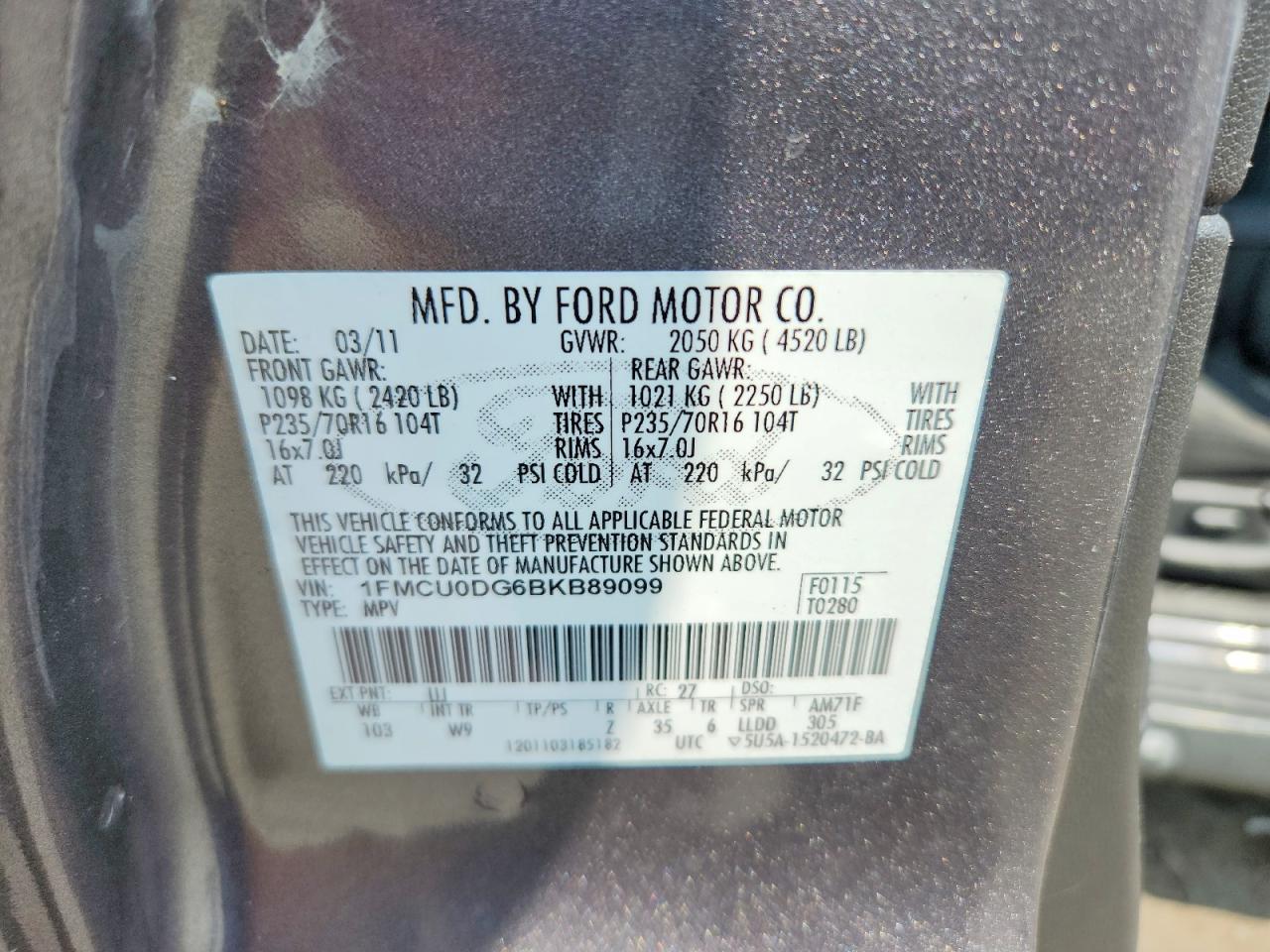 2011 Ford Escape Xlt Gray vin: 1FMCU0DG6BKB89099