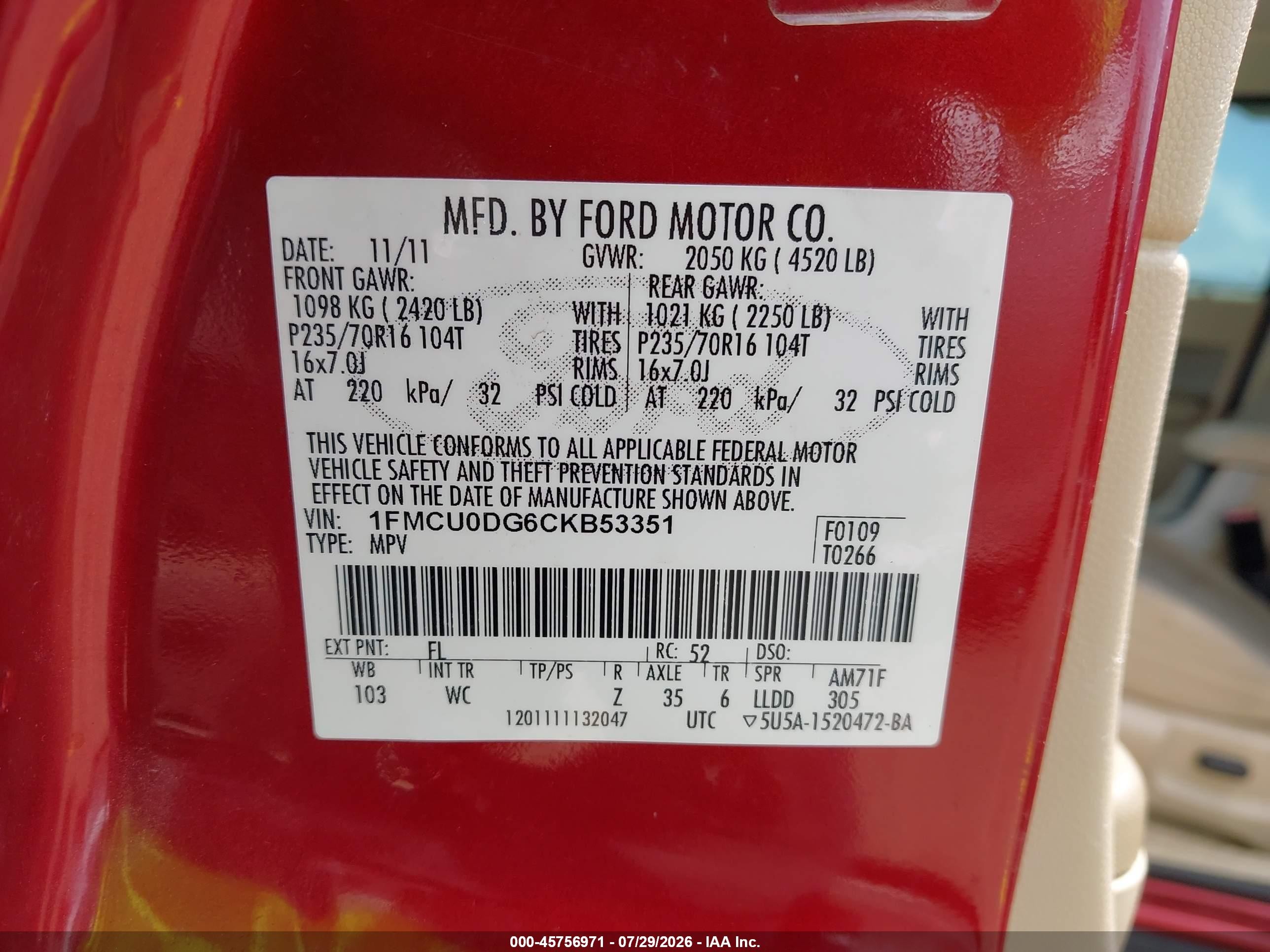 2012 Ford Escape Xlt Red vin: 1FMCU0DG6CKB53351