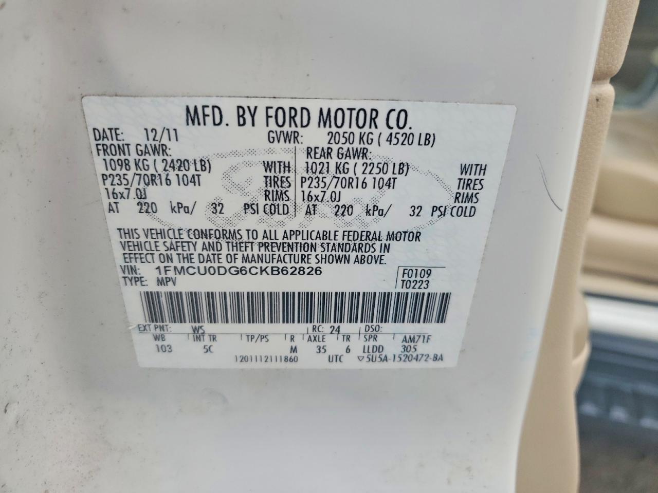 2012 Ford Escape Xlt White vin: 1FMCU0DG6CKB62826