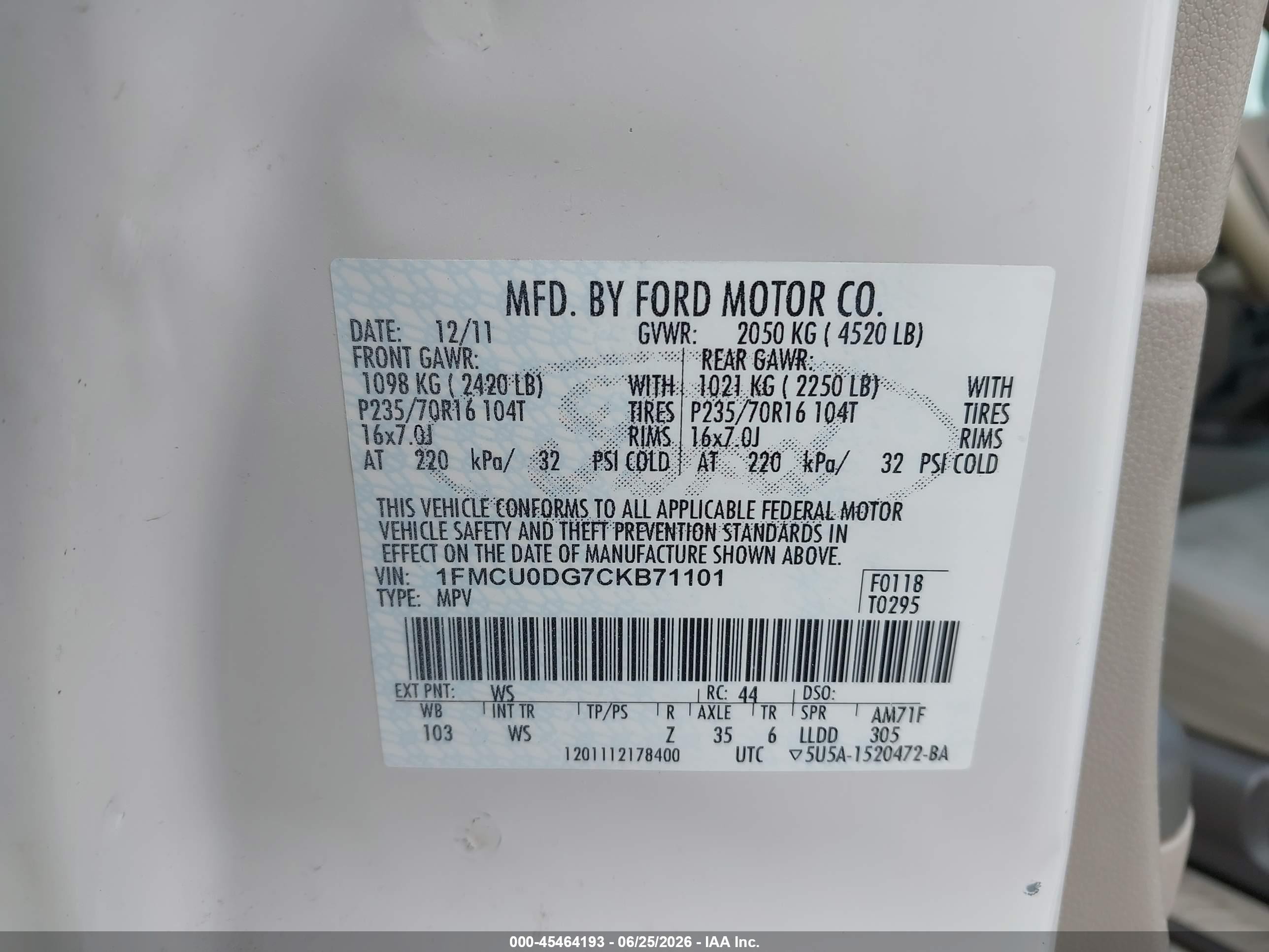 2012 Ford Escape Xlt White vin: 1FMCU0DG7CKB71101