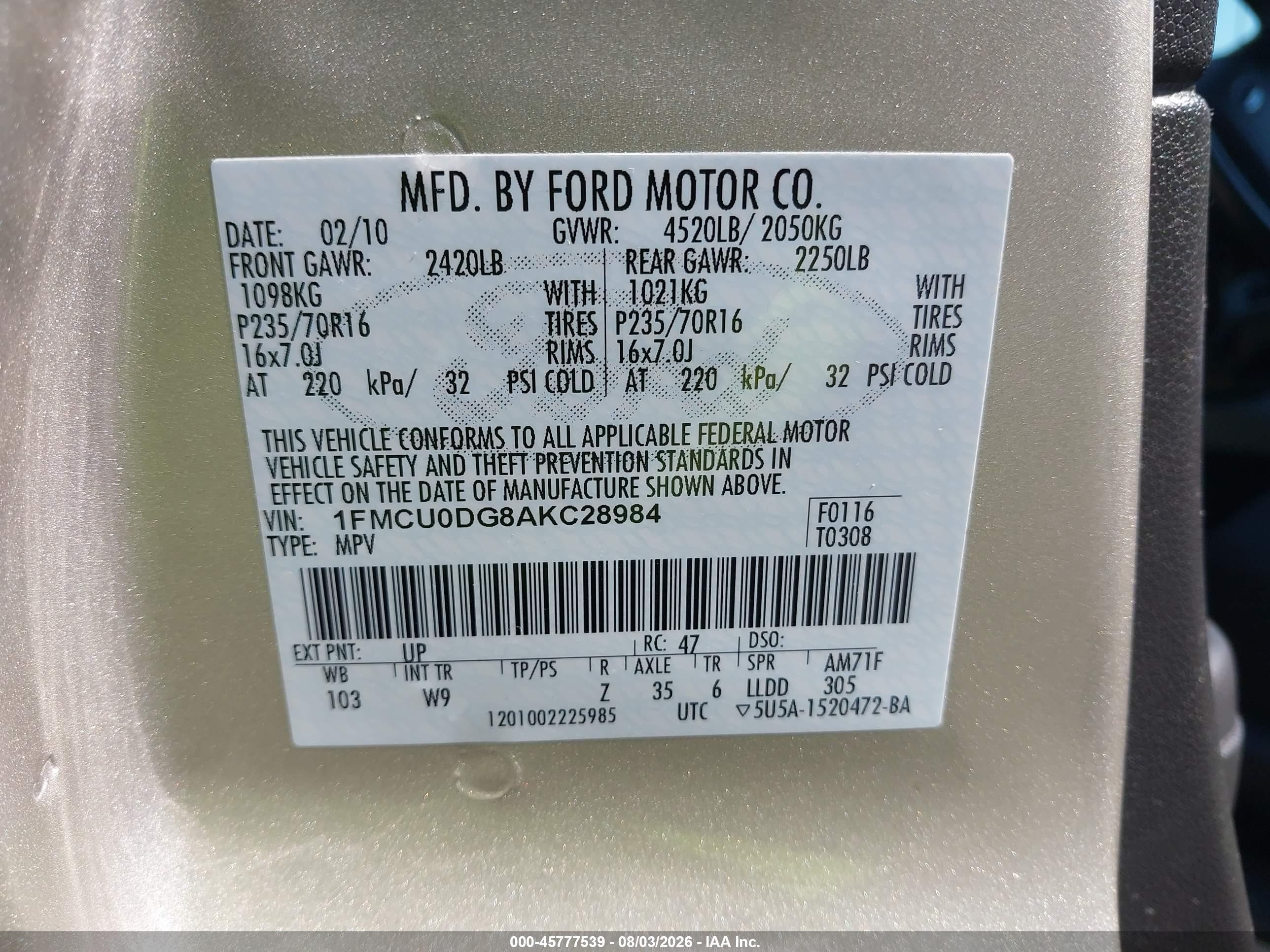2010 Ford Escape Xlt Gold vin: 1FMCU0DG8AKC28984