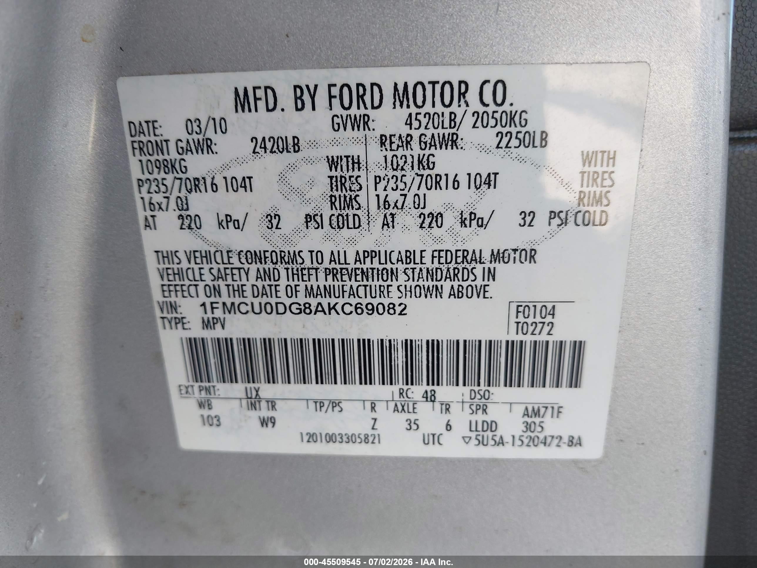 2010 Ford Escape Xlt Silver vin: 1FMCU0DG8AKC69082