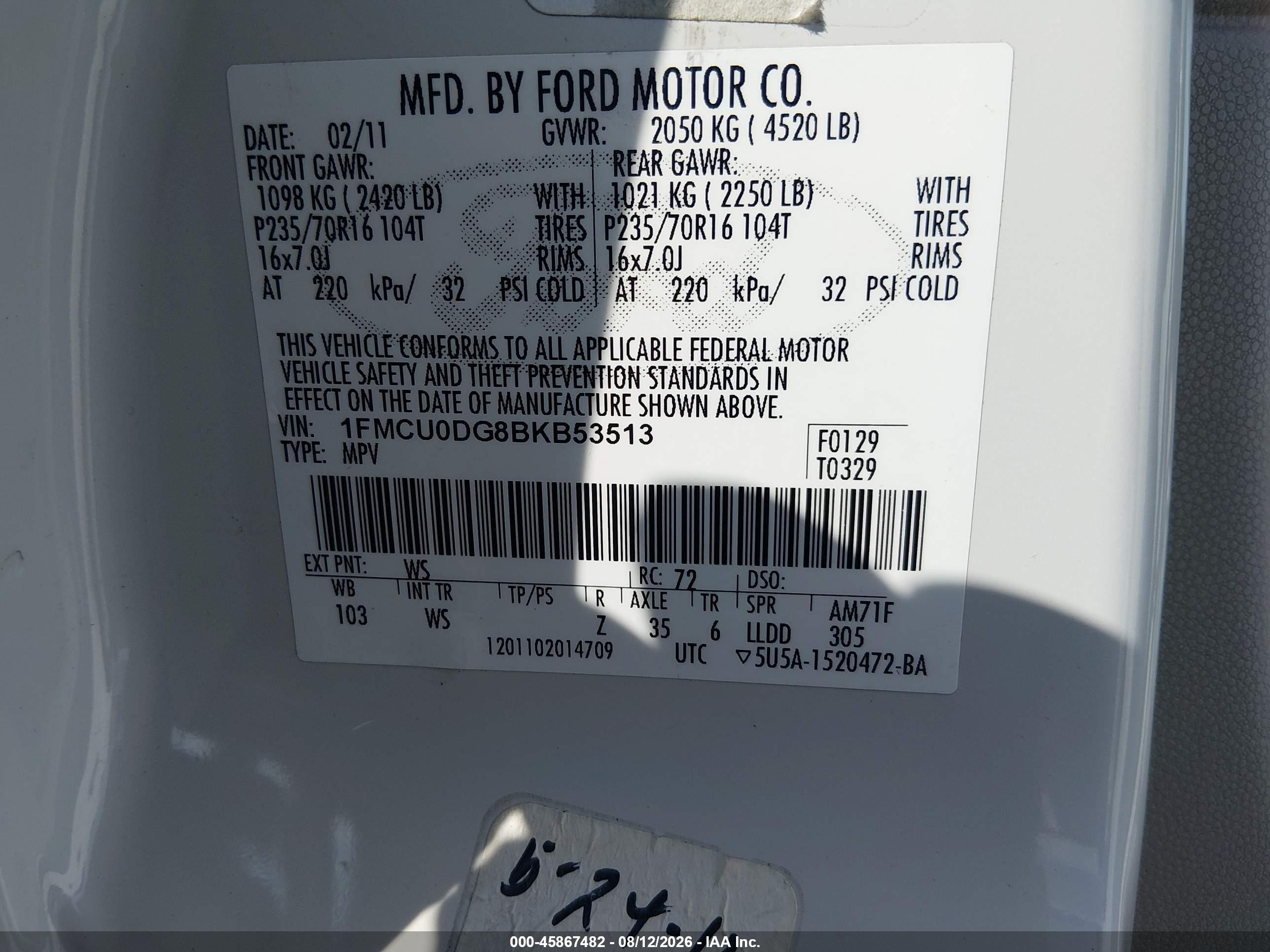2011 Ford Escape Xlt White vin: 1FMCU0DG8BKB53513