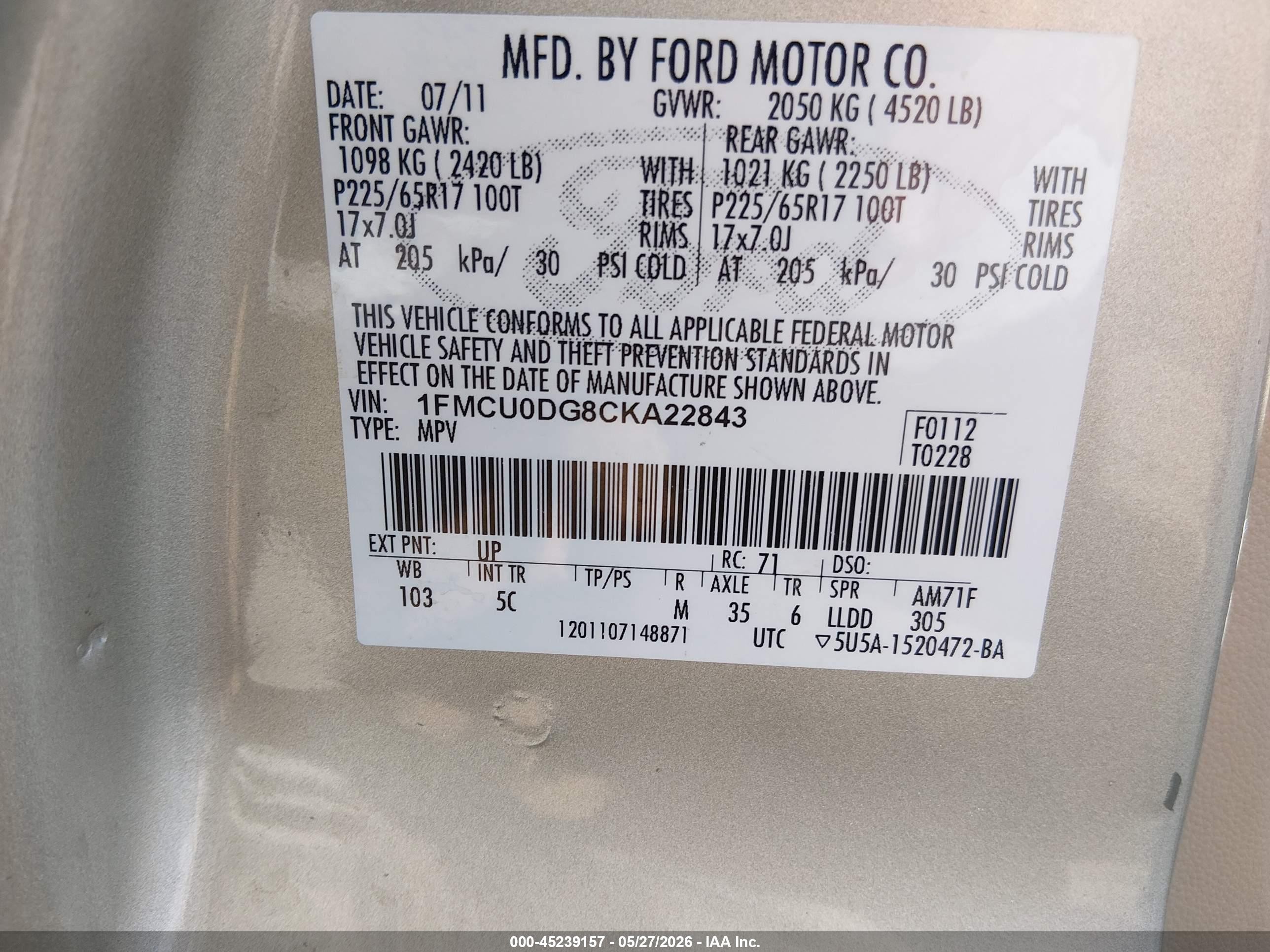 2012 Ford Escape Xlt Gold vin: 1FMCU0DG8CKA22843