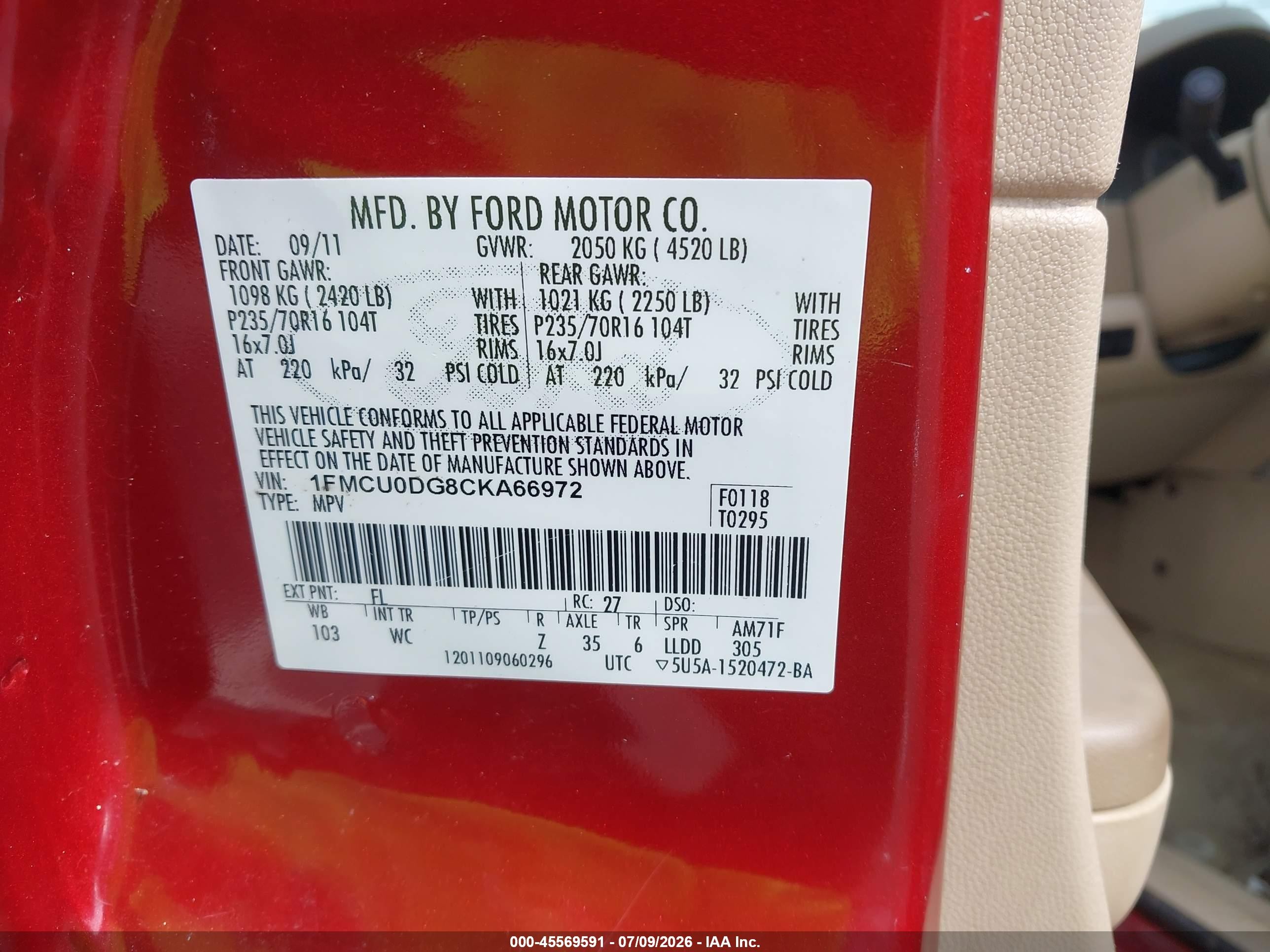 2012 Ford Escape Xlt Red vin: 1FMCU0DG8CKA66972