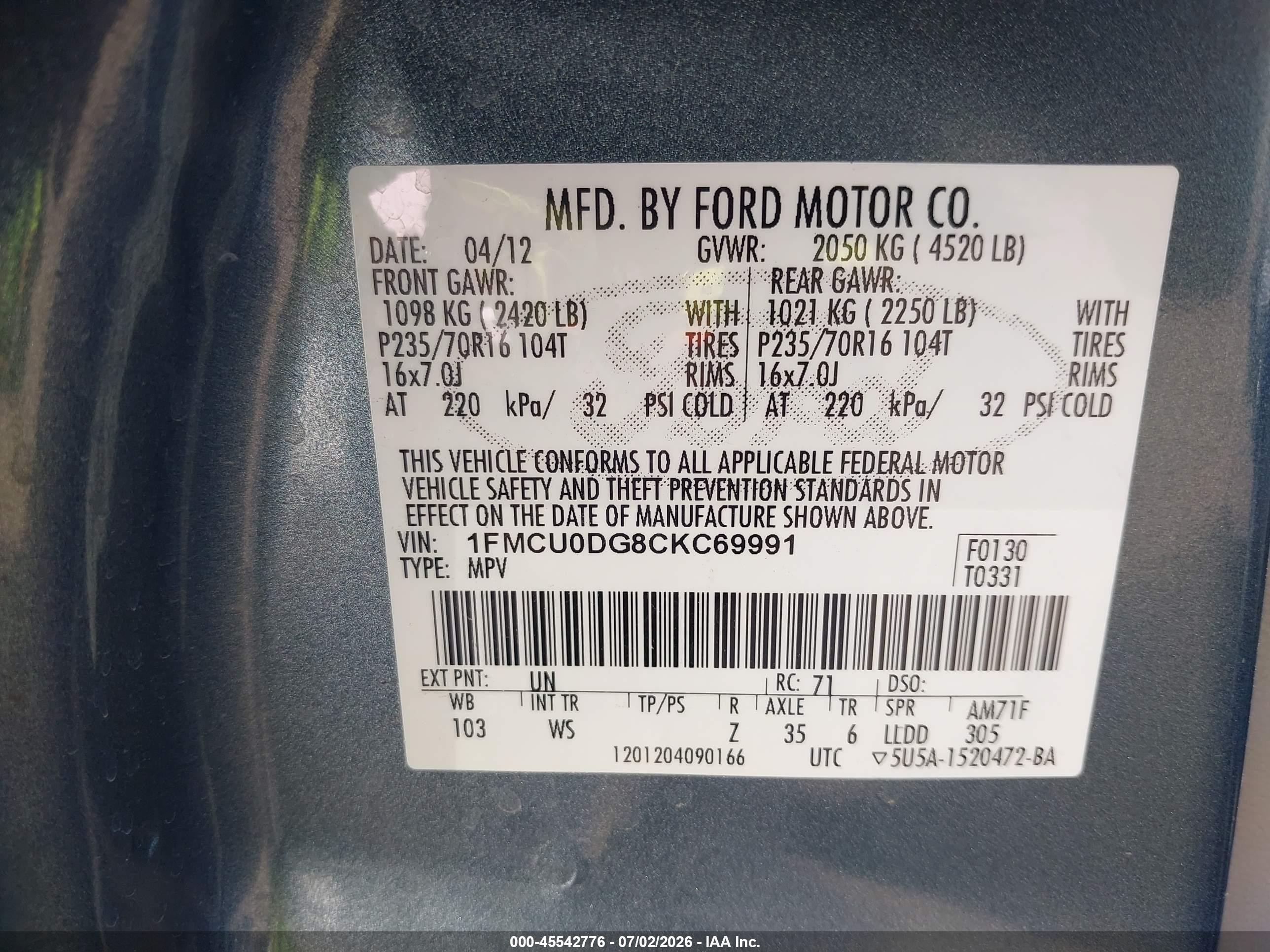 2012 Ford Escape Xlt Blue vin: 1FMCU0DG8CKC69991