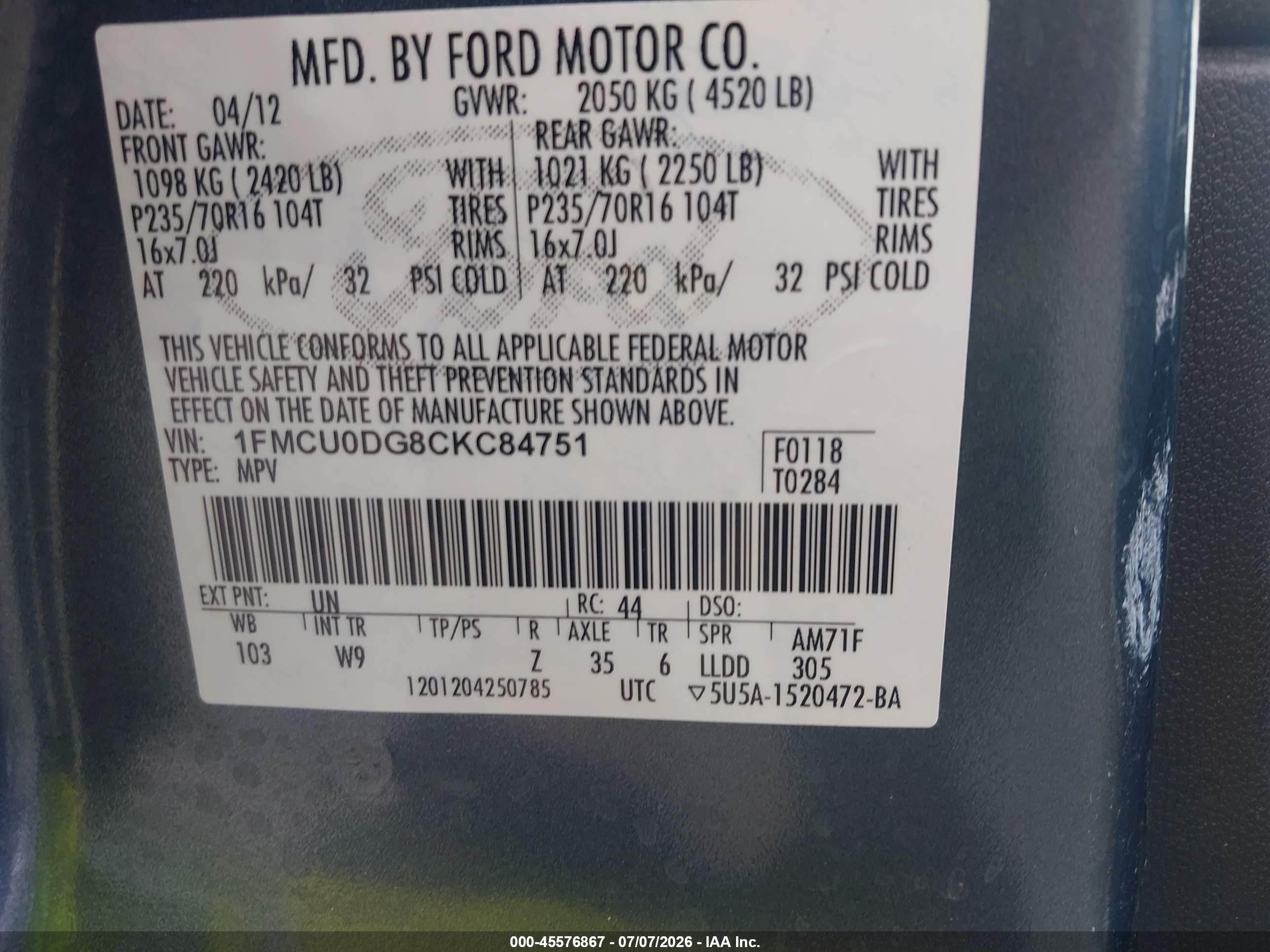 2012 Ford Escape Xlt Teal vin: 1FMCU0DG8CKC84751