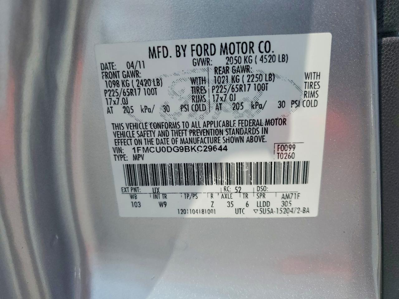 2011 Ford Escape Xlt Серебряный vin: 1FMCU0DG9BKC29644