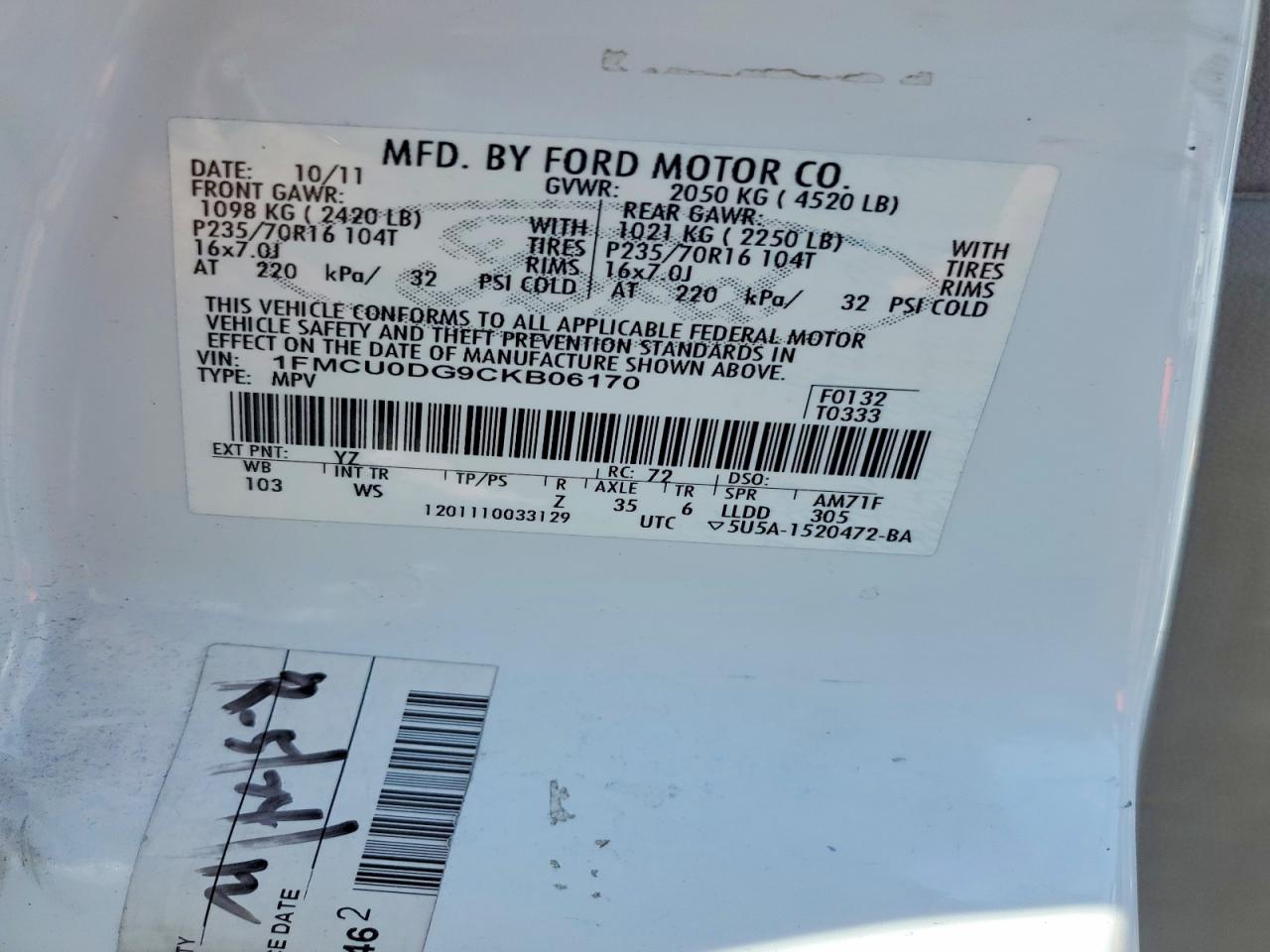 2012 Ford Escape Xlt White vin: 1FMCU0DG9CKB06170