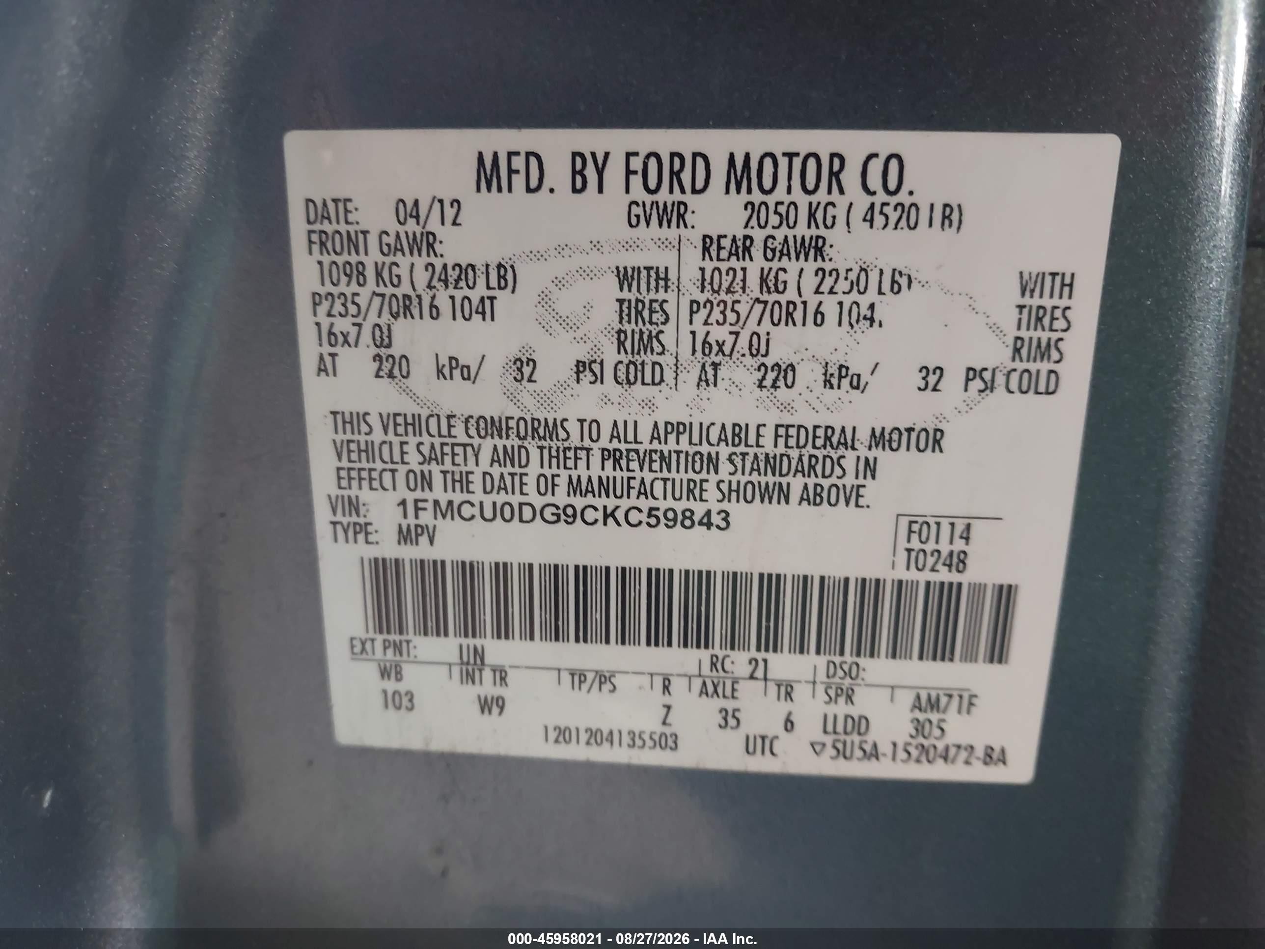 2012 Ford Escape Xlt Light Blue vin: 1FMCU0DG9CKC59843
