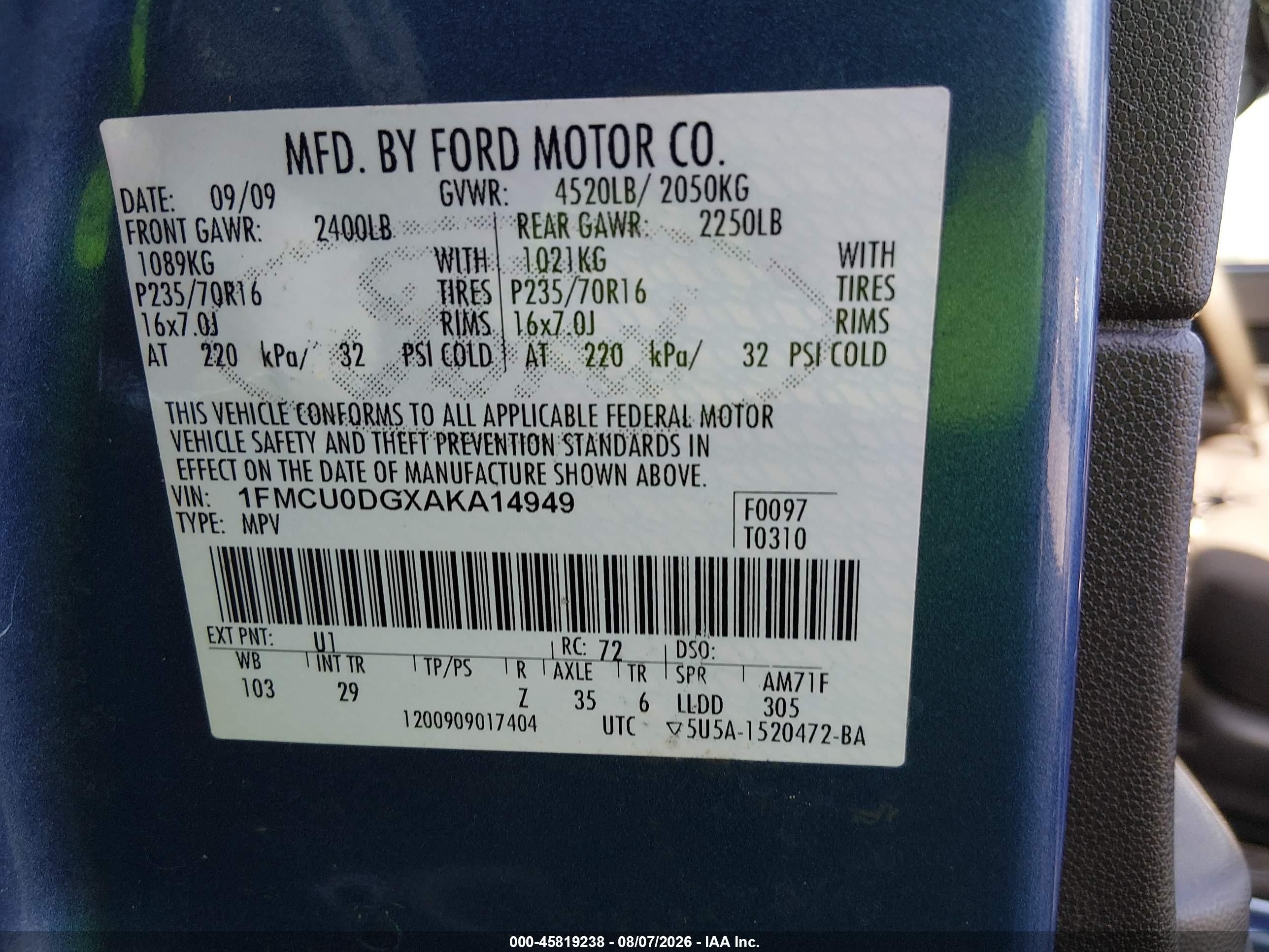 2010 Ford Escape Xlt Синий vin: 1FMCU0DGXAKA14949