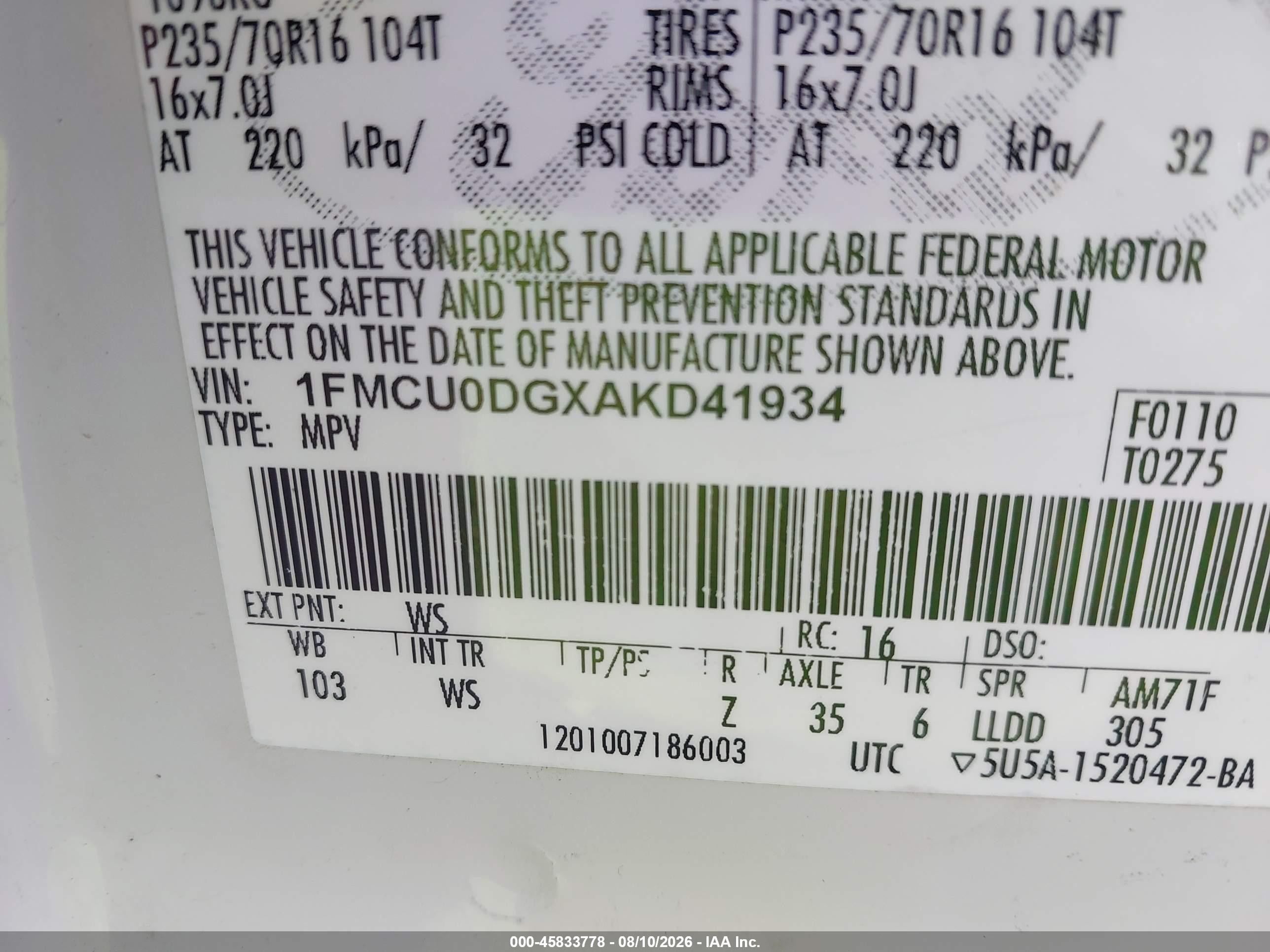 2010 Ford Escape Xlt White vin: 1FMCU0DGXAKD41934