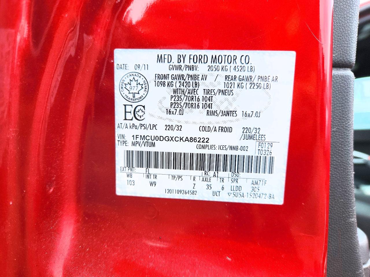 2012 Ford Escape Xlt Red vin: 1FMCU0DGXCKA86222