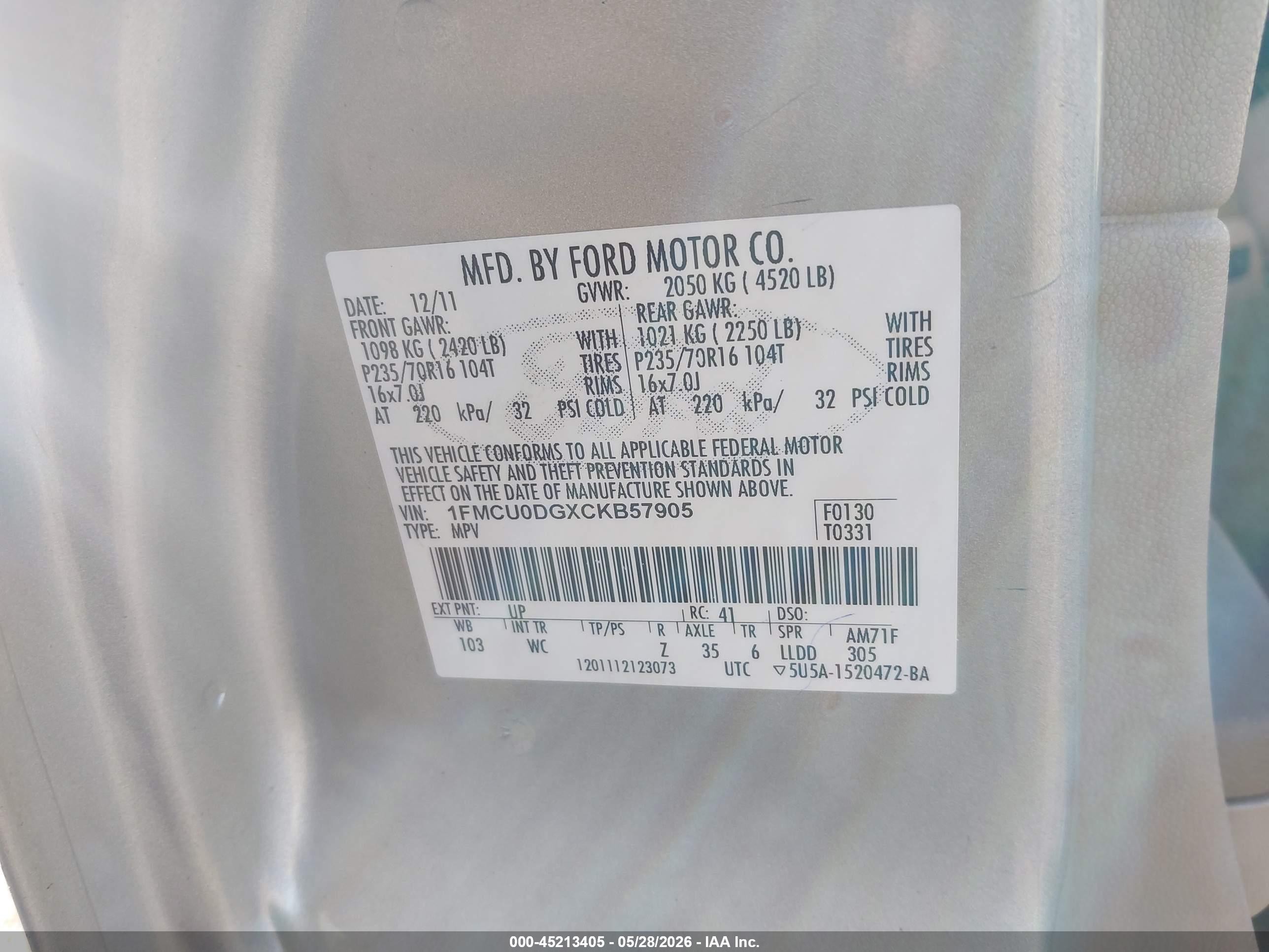 2012 Ford Escape Xlt Бежевый vin: 1FMCU0DGXCKB57905