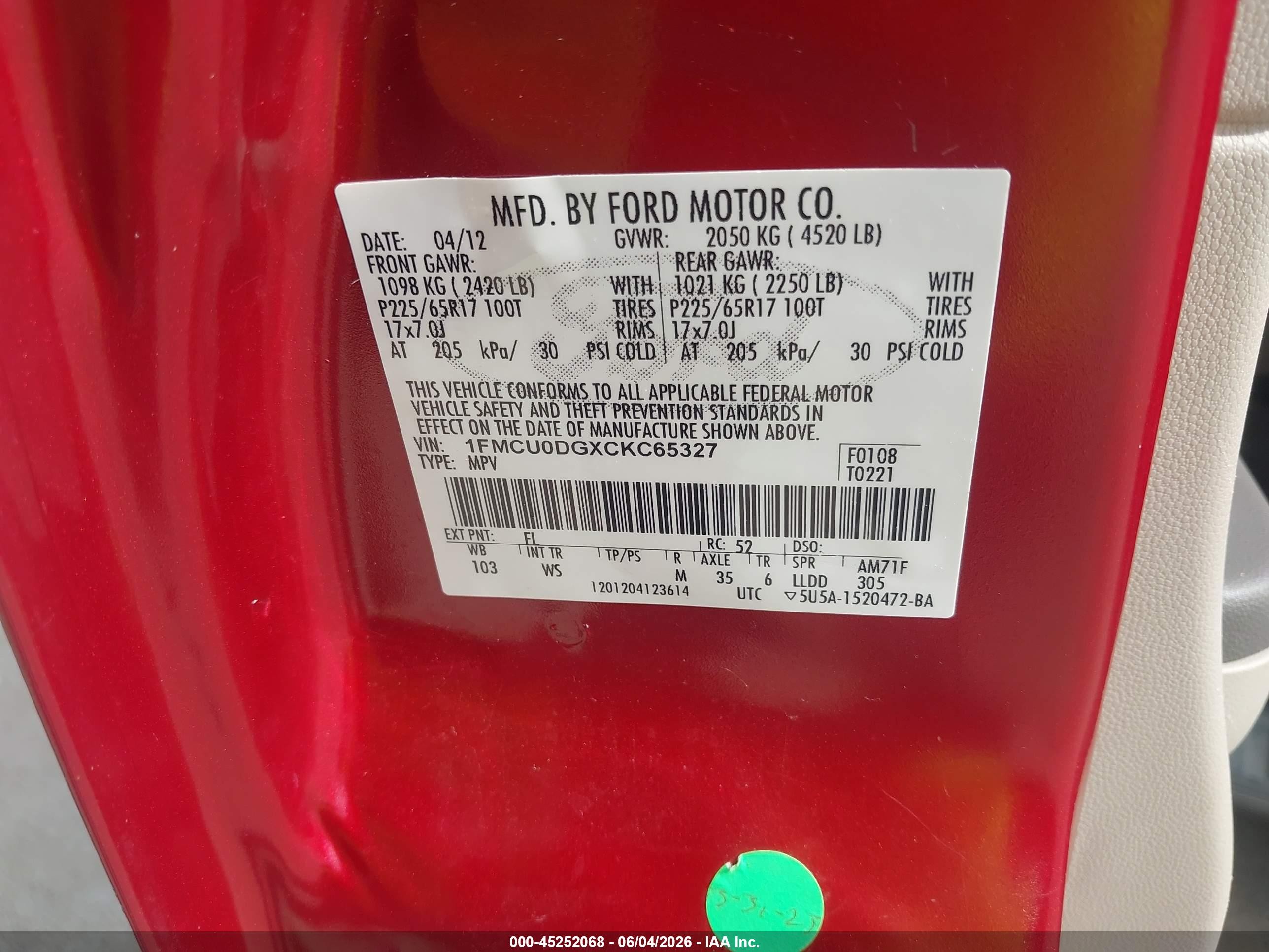 2012 Ford Escape Xlt Red vin: 1FMCU0DGXCKC65327