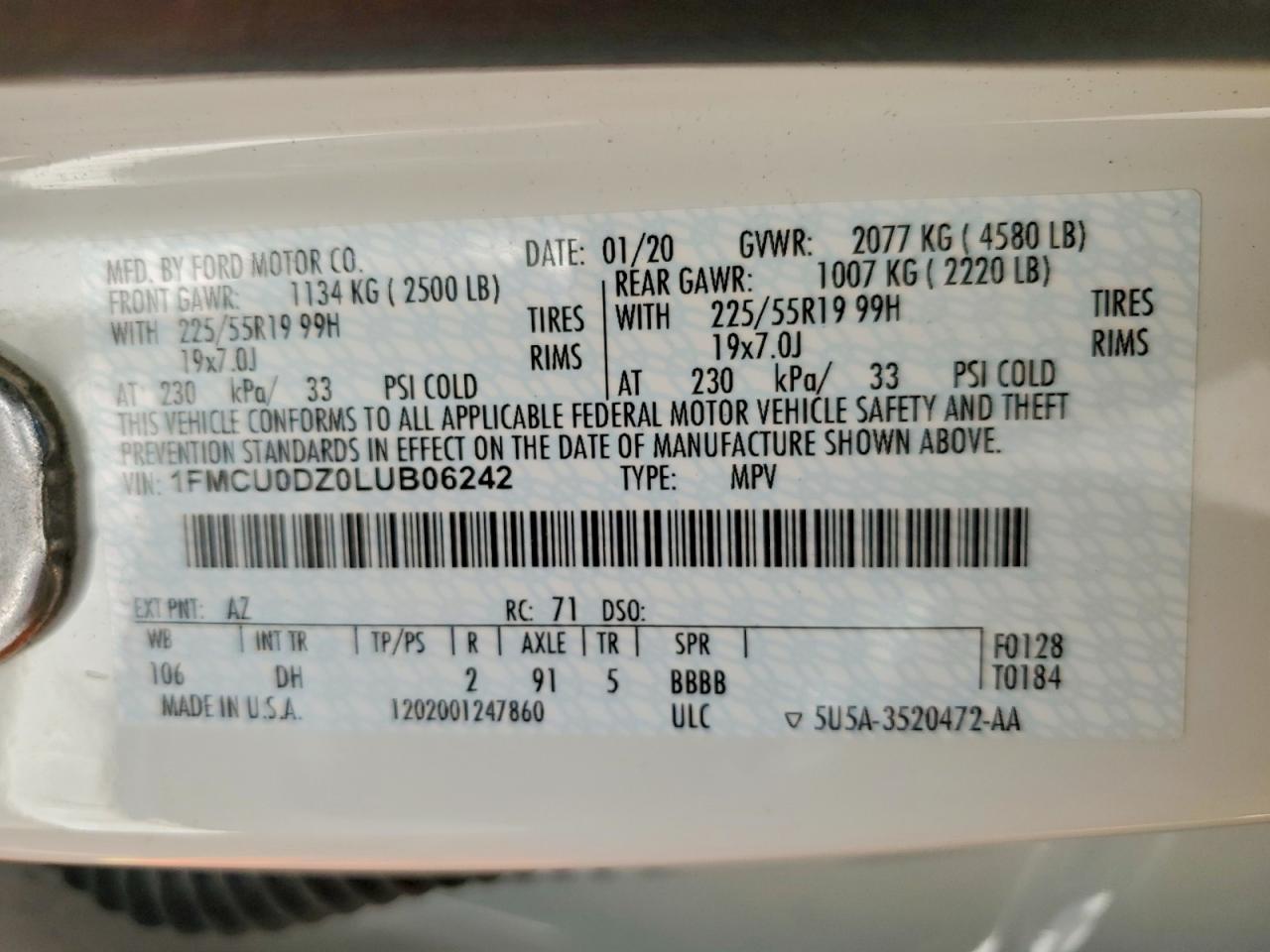 2020 Ford Escape Titanium White vin: 1FMCU0DZ0LUB06242