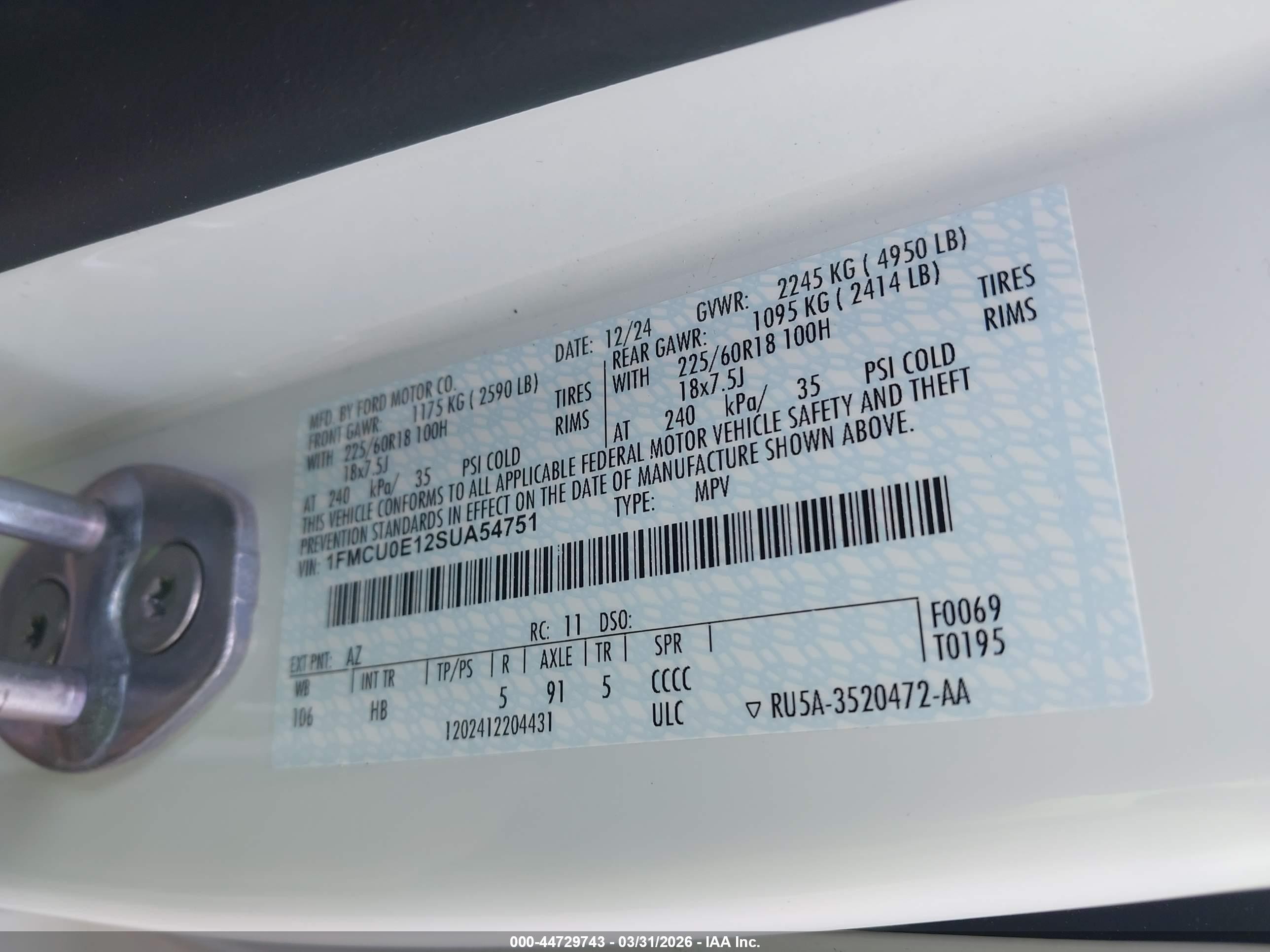 2025 Ford Escape Phev Белый vin: 1FMCU0E12SUA54751