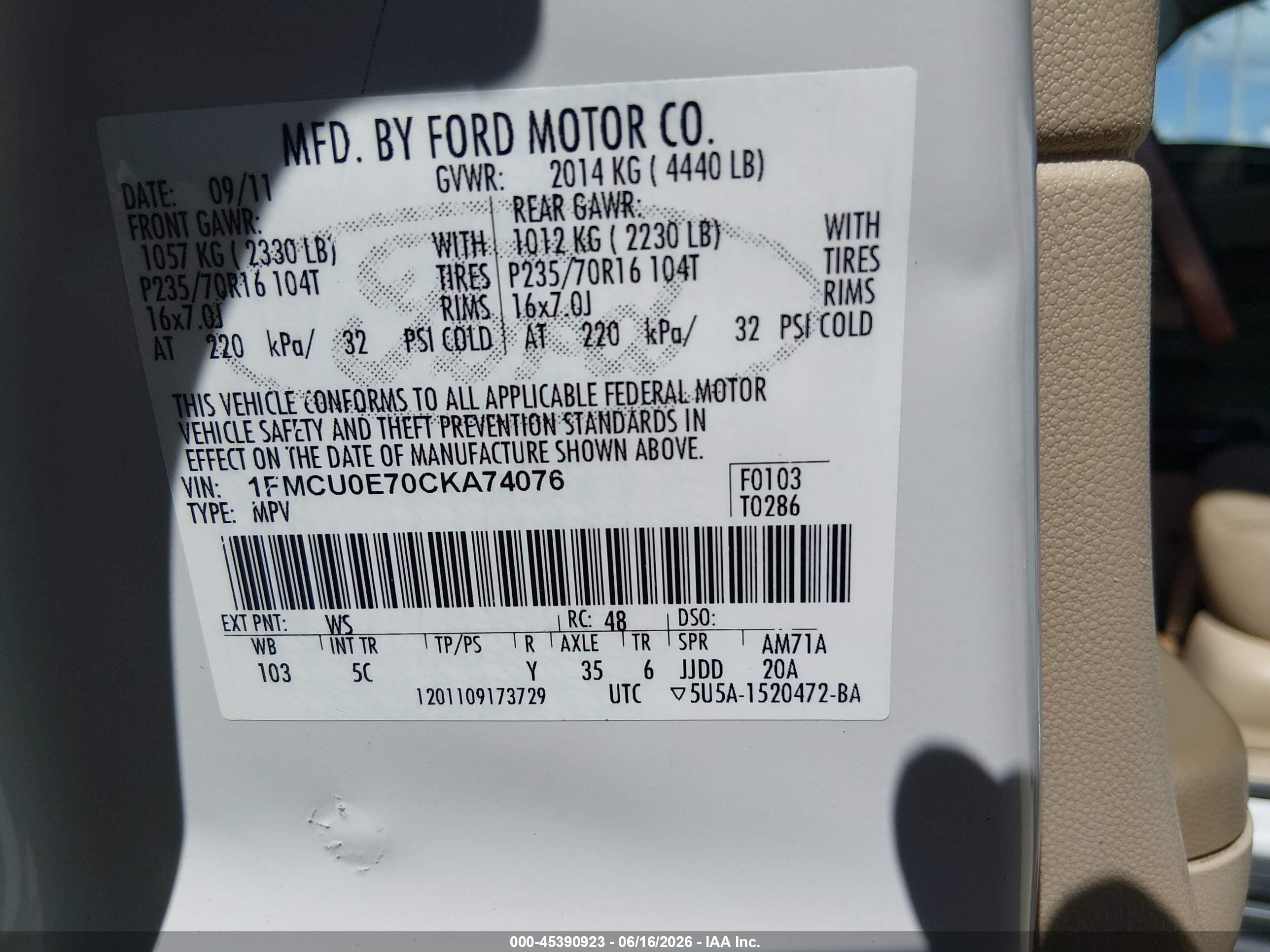 2012 Ford Escape Limited Белый vin: 1FMCU0E70CKA74076