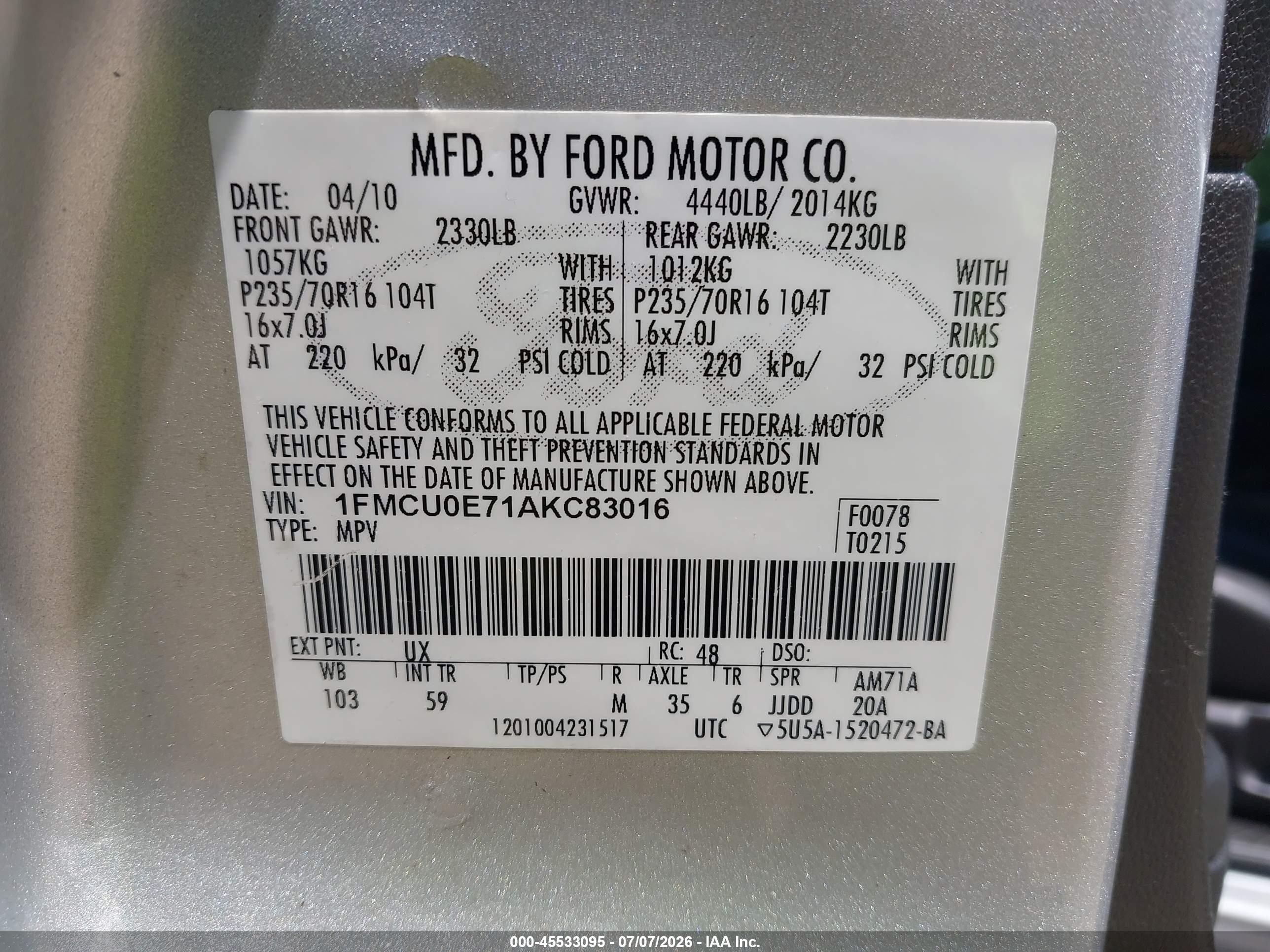 2010 Ford Escape Limited Silver vin: 1FMCU0E71AKC83016