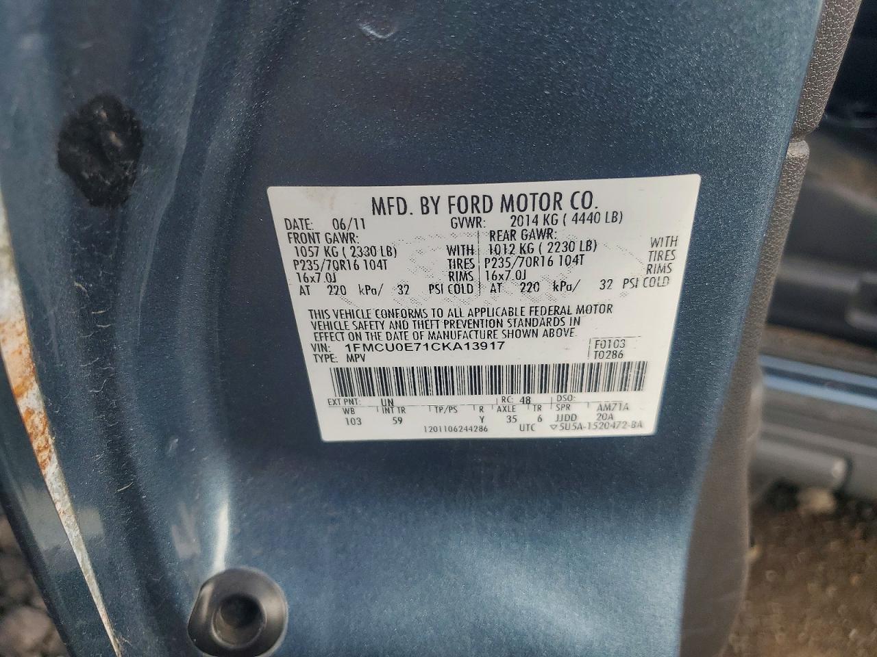 2012 Ford Escape Limited Blue vin: 1FMCU0E71CKA13917