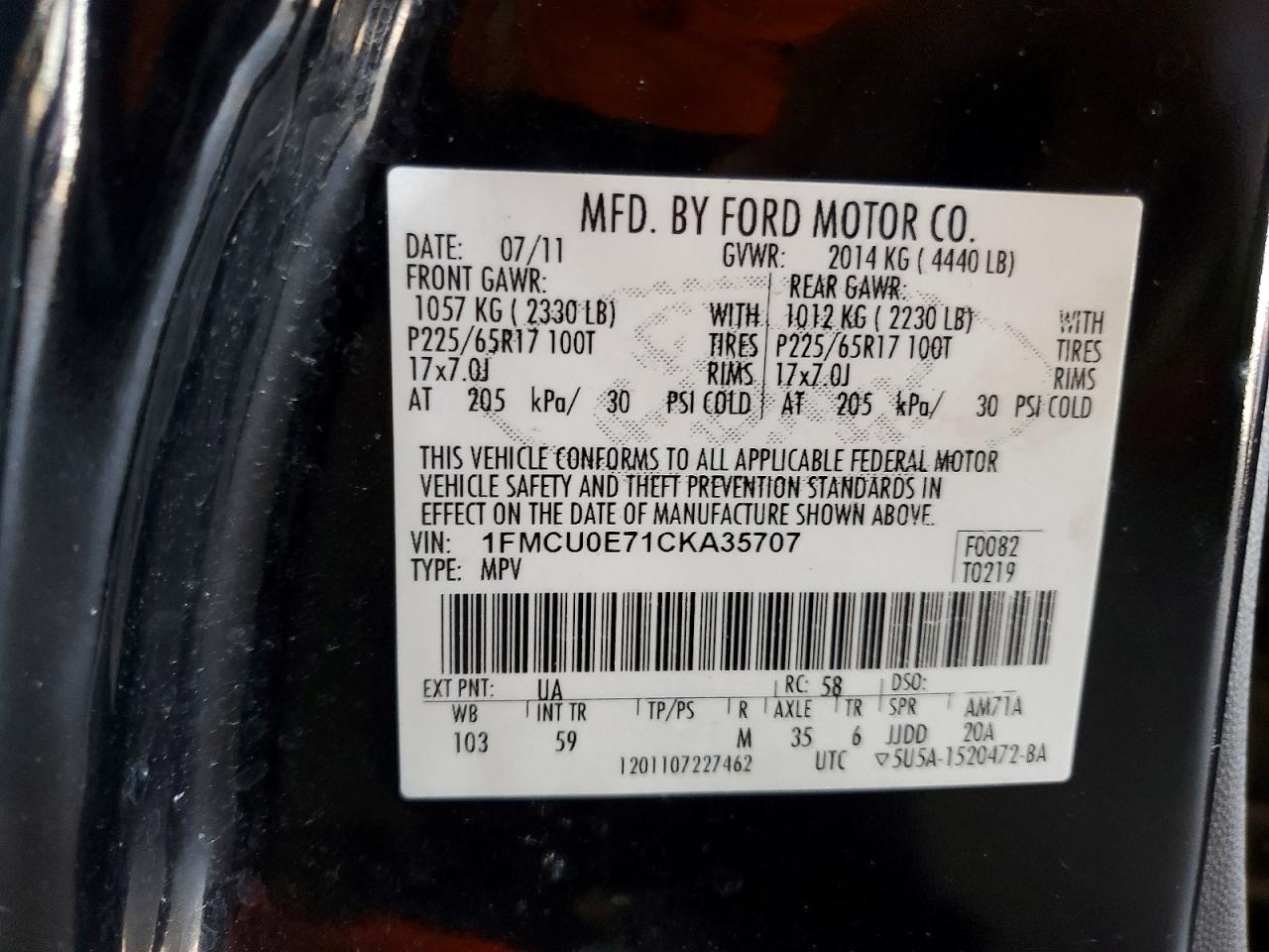 2012 Ford Escape Limited Black vin: 1FMCU0E71CKA35707