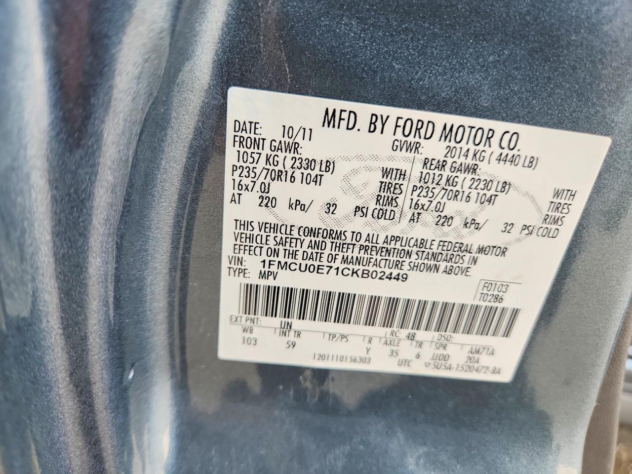 2012 Ford Escape Limited Blue vin: 1FMCU0E71CKB02449