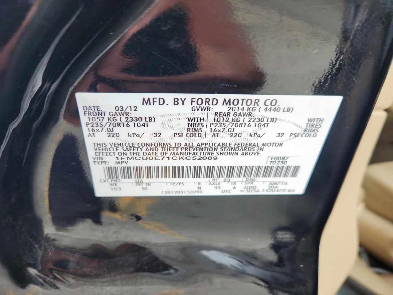 2012 Ford Escape Limited Black vin: 1FMCU0E71CKC52089