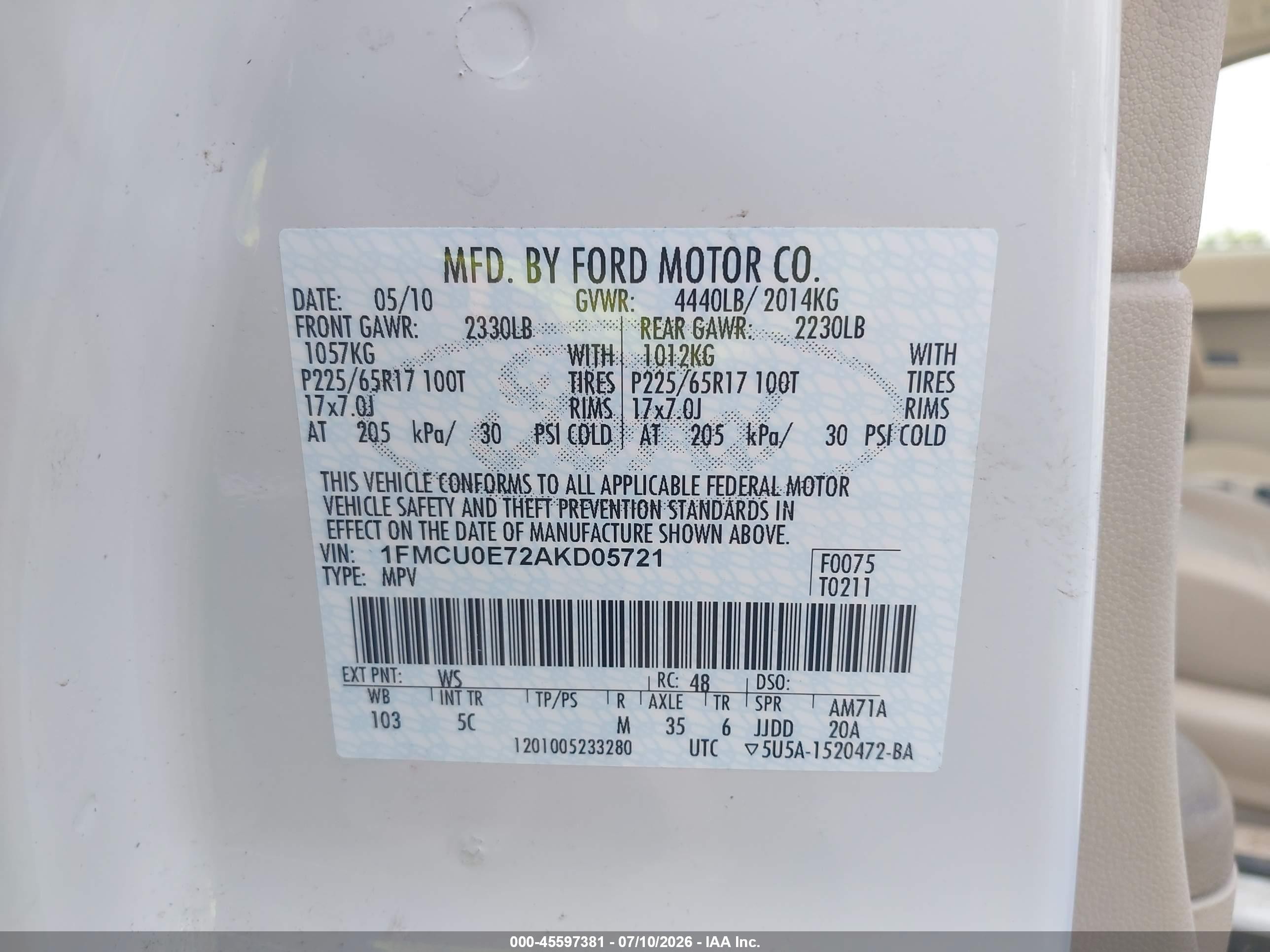 2010 Ford Escape Limited White vin: 1FMCU0E72AKD05721