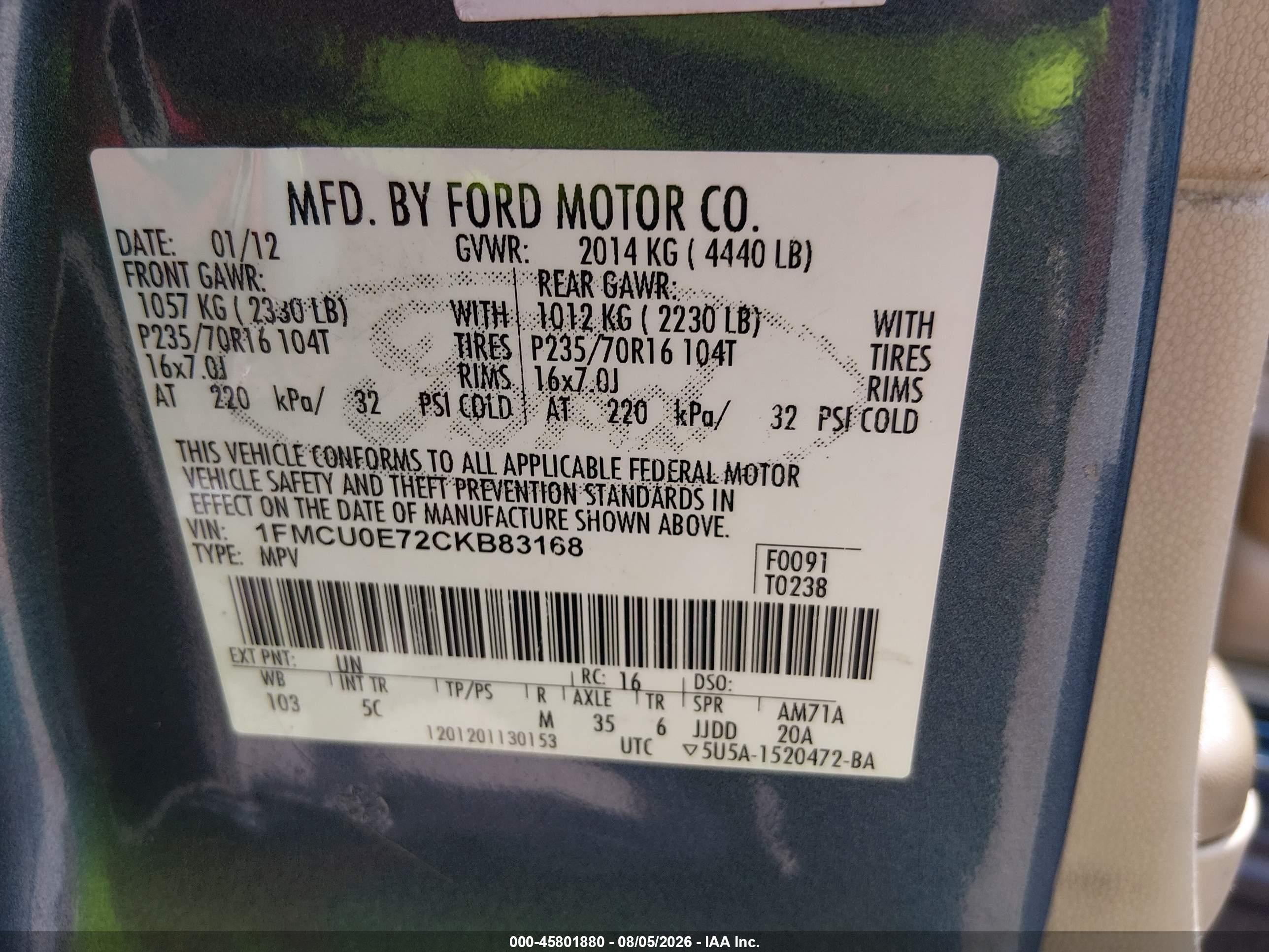 2012 Ford Escape Limited Green vin: 1FMCU0E72CKB83168