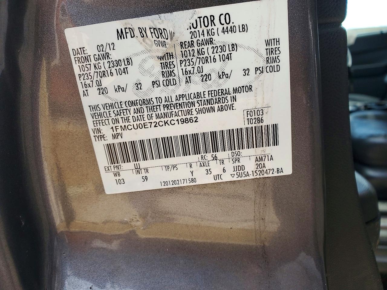 2012 Ford Escape Gray vin: 1FMCU0E72CKC19862