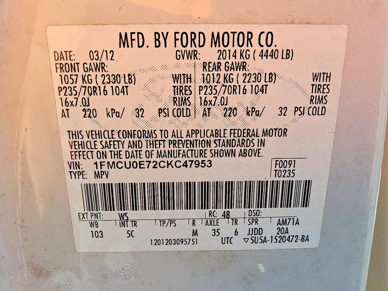 2012 Ford Escape Limited White vin: 1FMCU0E72CKC47953