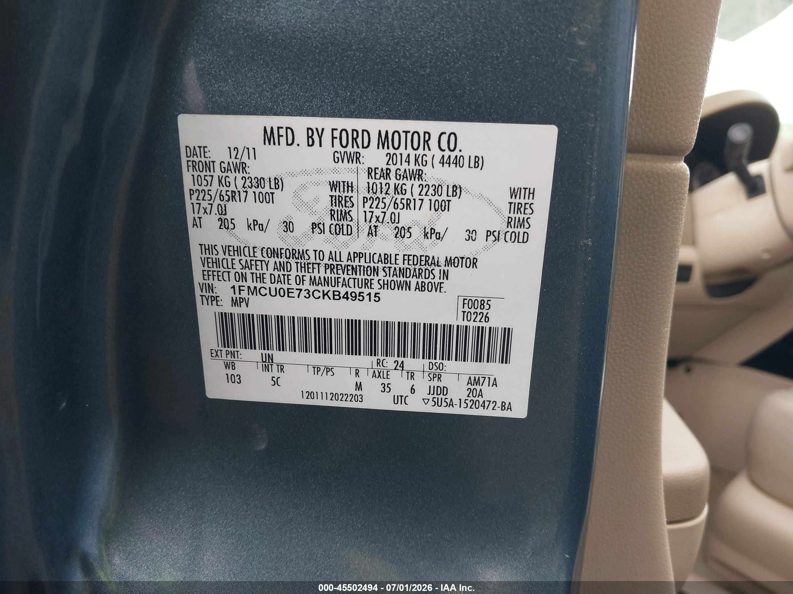 2012 Ford Escape Limited Blue vin: 1FMCU0E73CKB49515