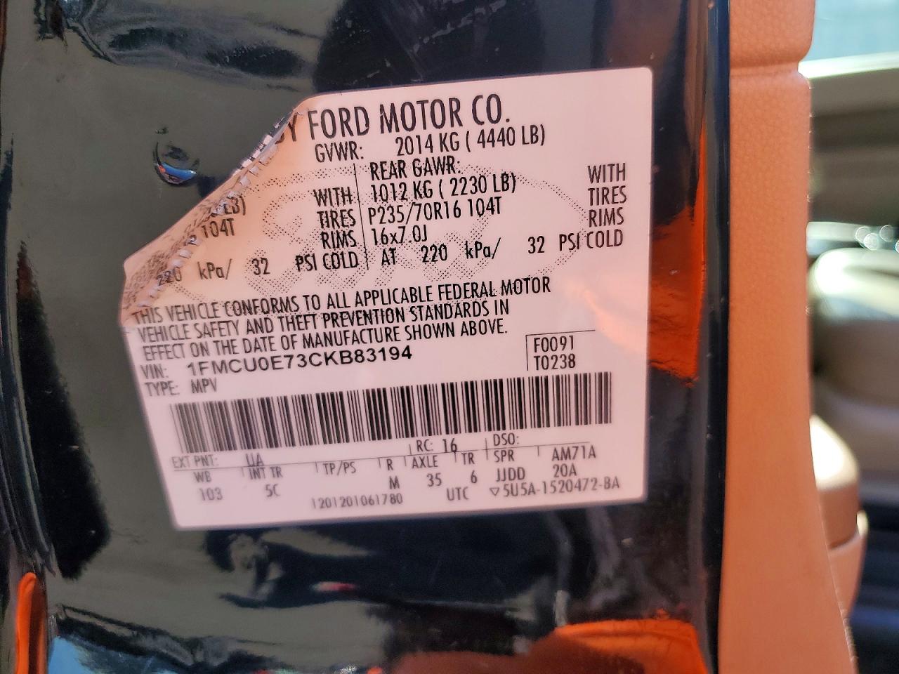 2012 Ford Escape Limited Black vin: 1FMCU0E73CKB83194
