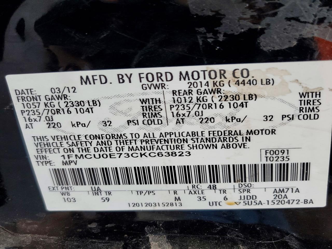 2012 Ford Escape Limited Black vin: 1FMCU0E73CKC63823