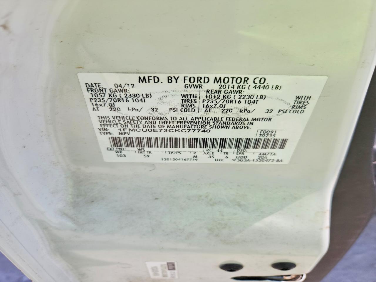 2012 Ford Escape Limited White vin: 1FMCU0E73CKC77740