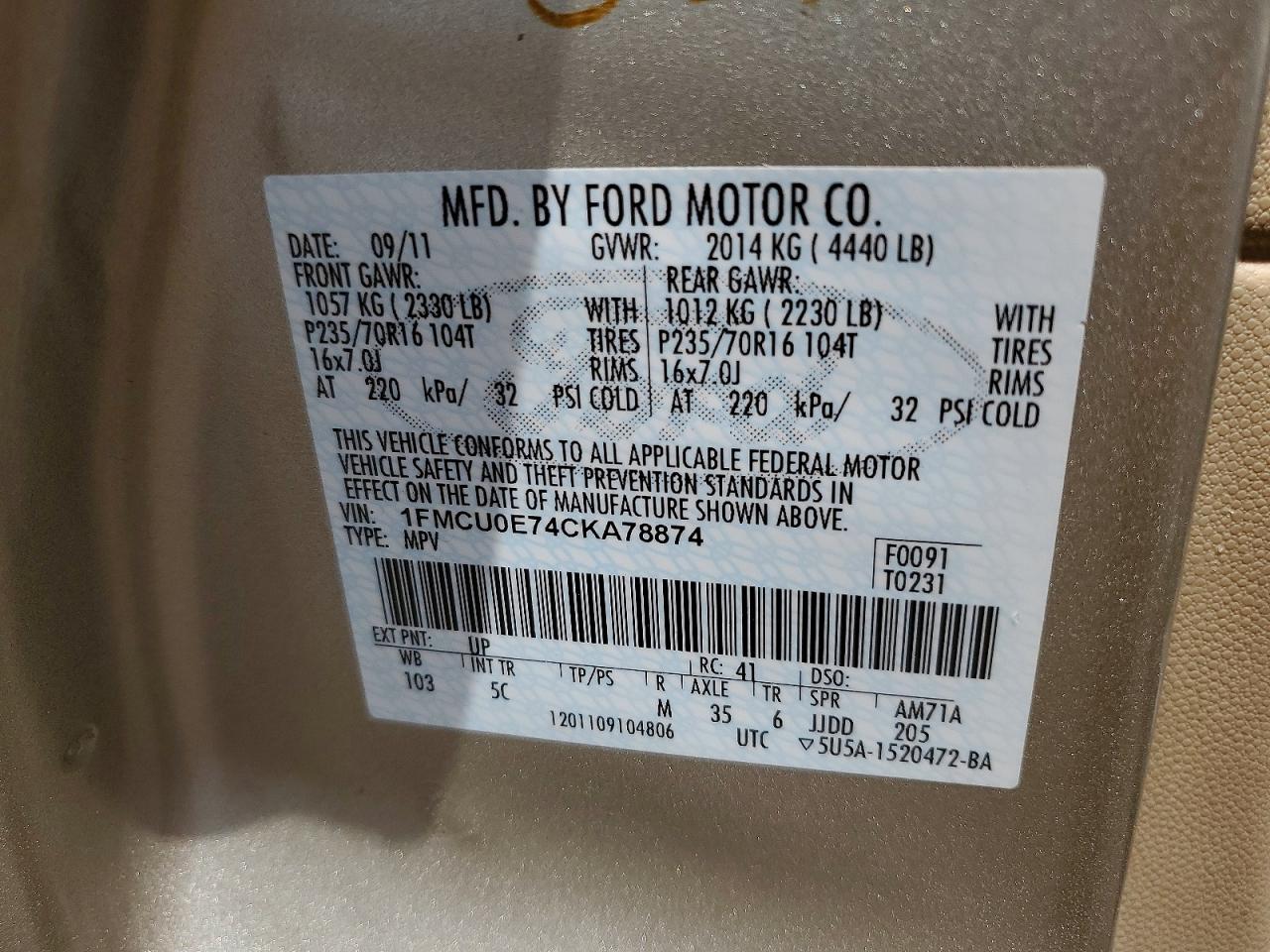 2012 Ford Escape Limited Beige vin: 1FMCU0E74CKA78874