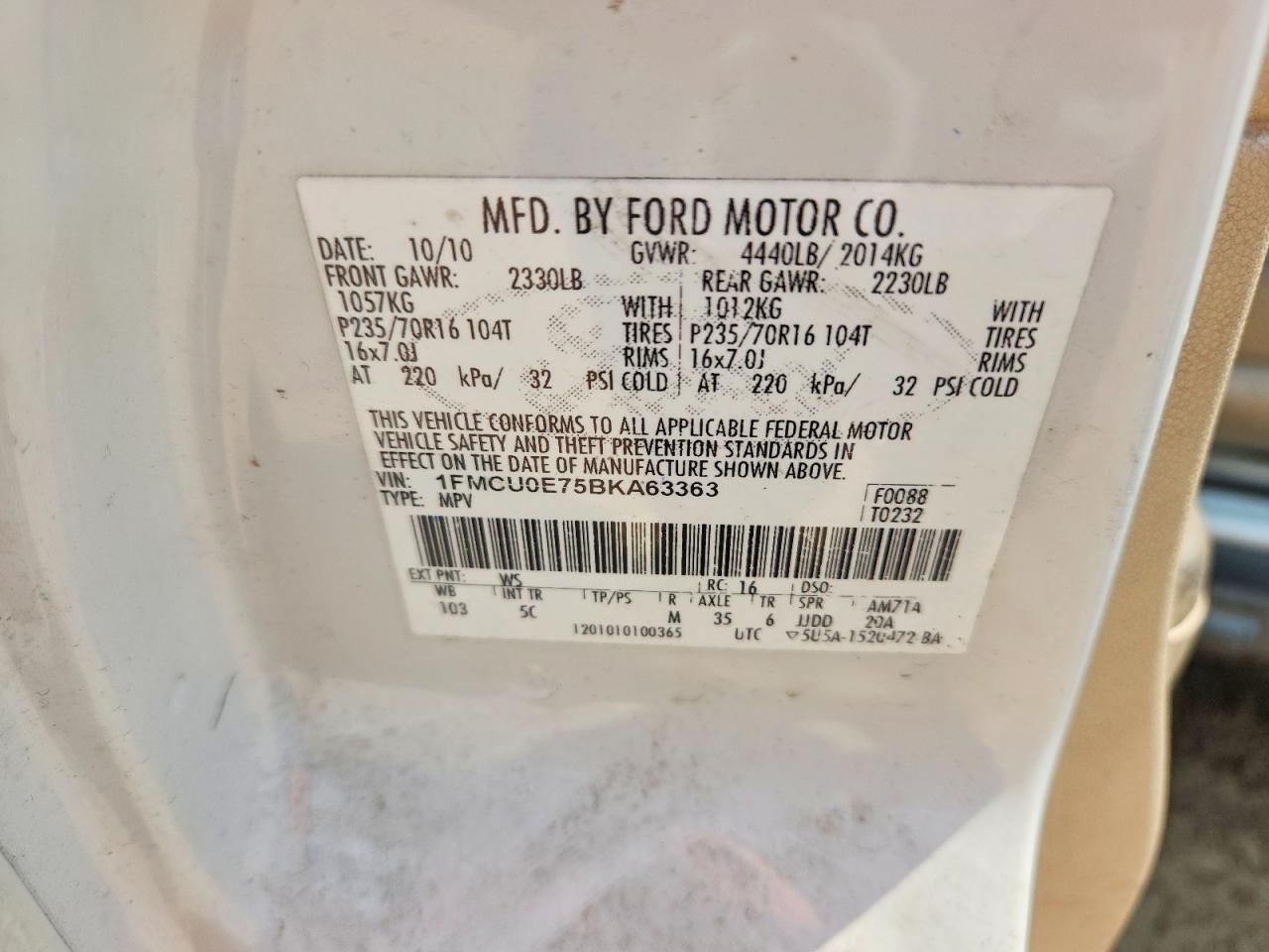 2011 Ford Escape Limited White vin: 1FMCU0E75BKA63363