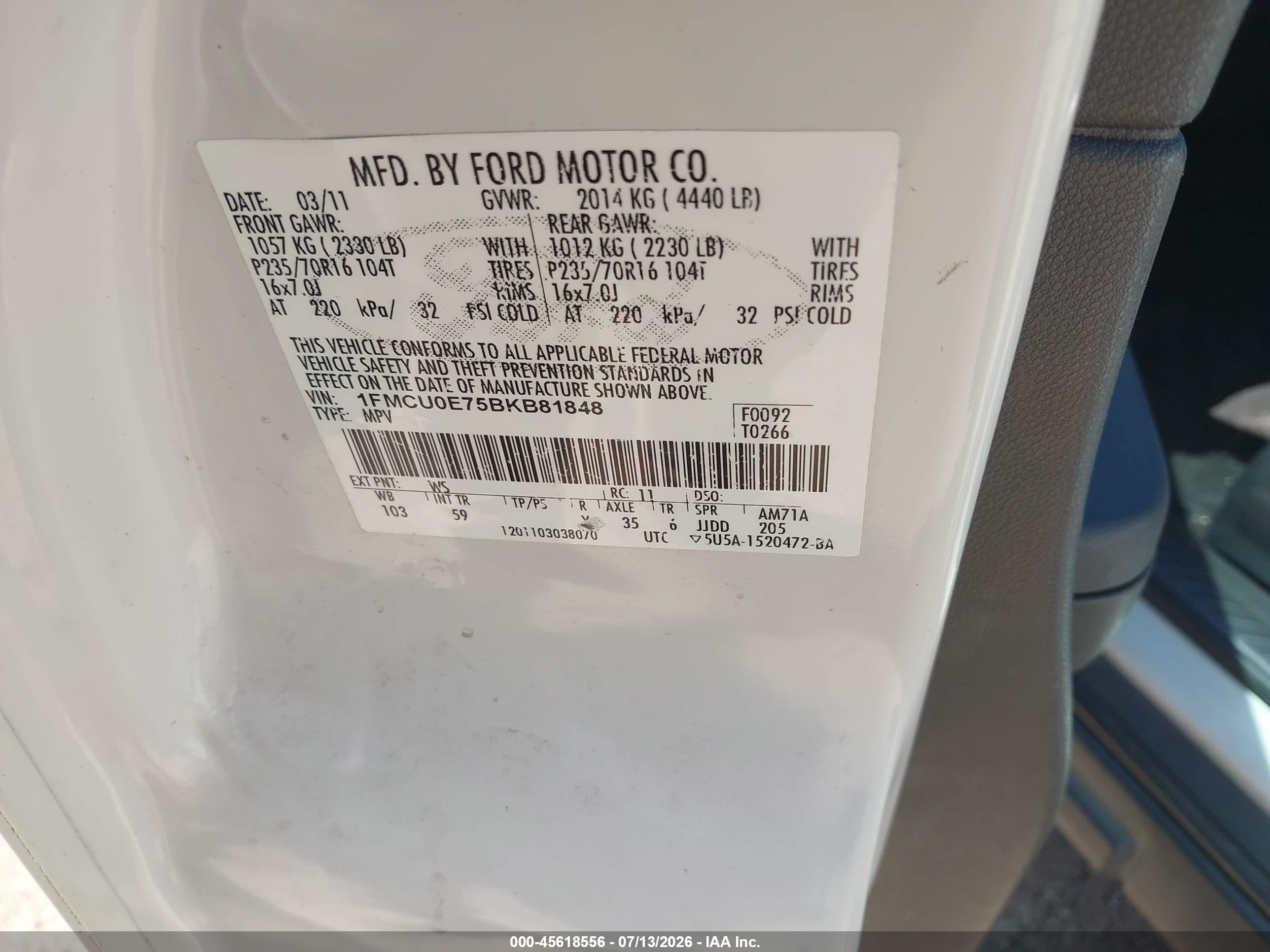 2011 Ford Escape Limited White vin: 1FMCU0E75BKB81848