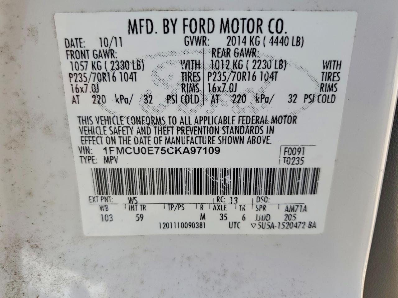 2012 Ford Escape Limited White vin: 1FMCU0E75CKA97109