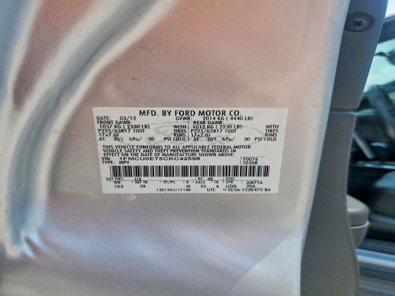 2012 Ford Escape Limited Silver vin: 1FMCU0E75CKC42598