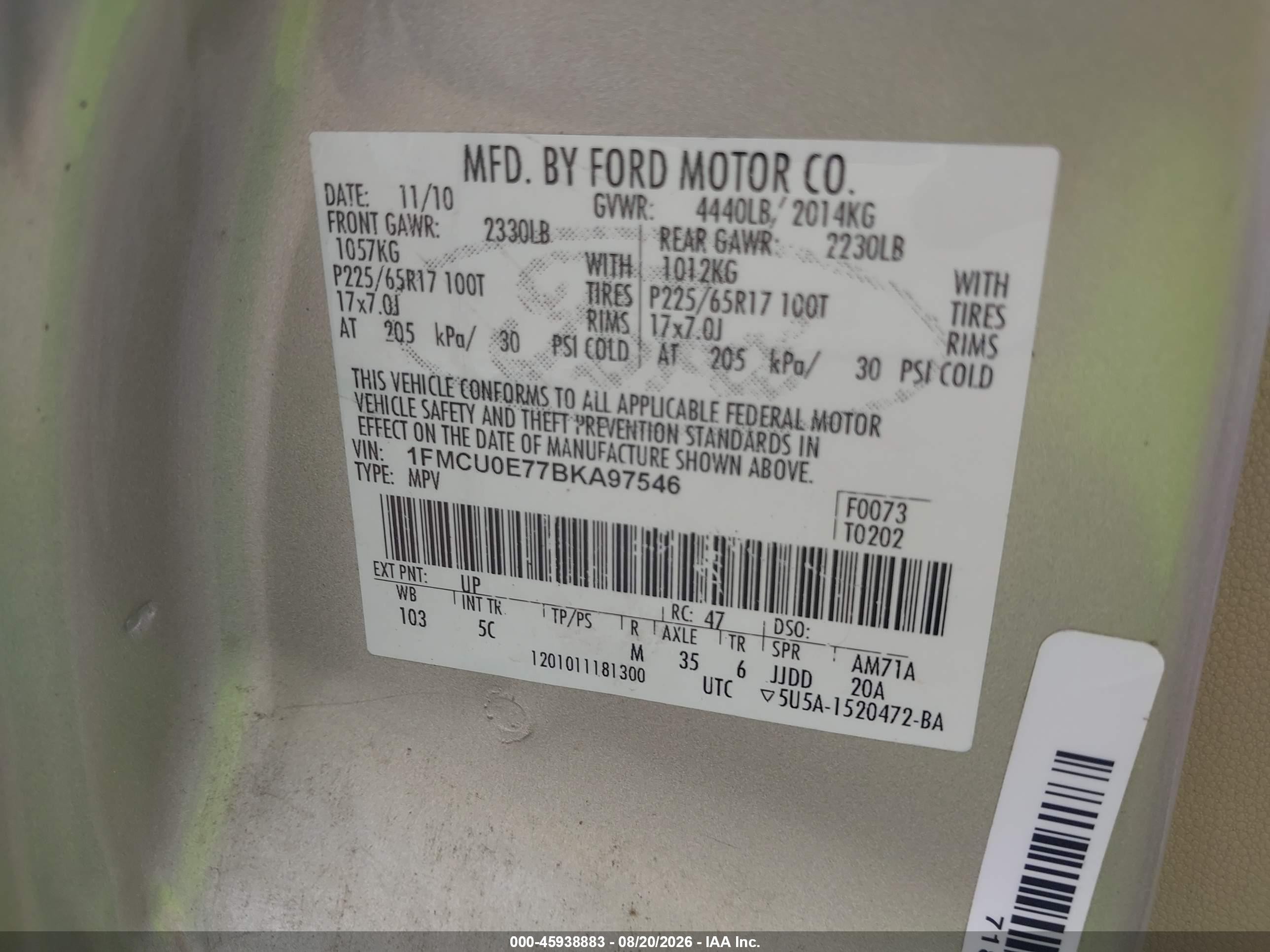 2011 Ford Escape Limited Champagne vin: 1FMCU0E77BKA97546